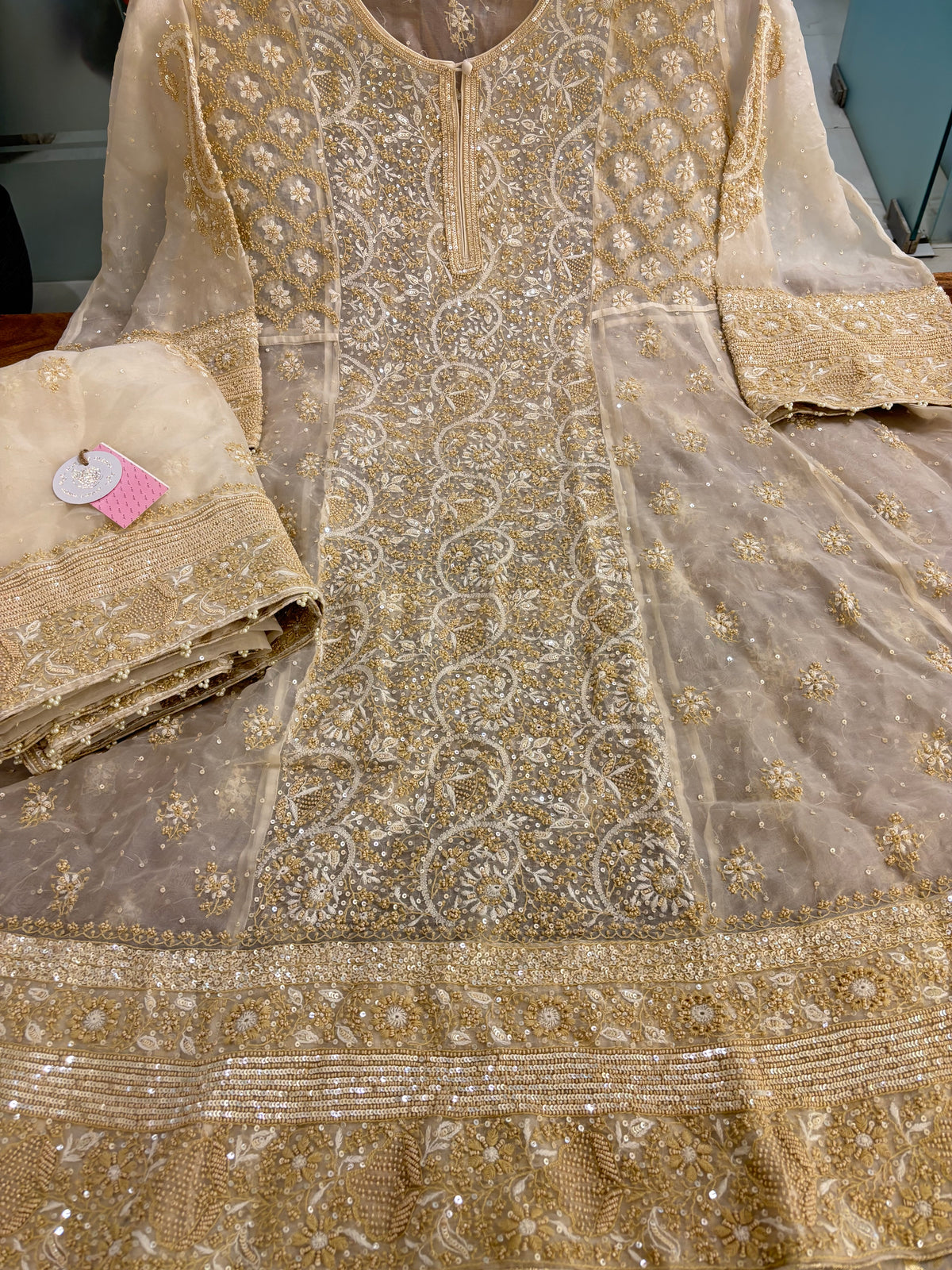 Ivory Pure & Premium Organza Chikankari Anarkali & Dupatta Set - Pleats PleaseChikankari