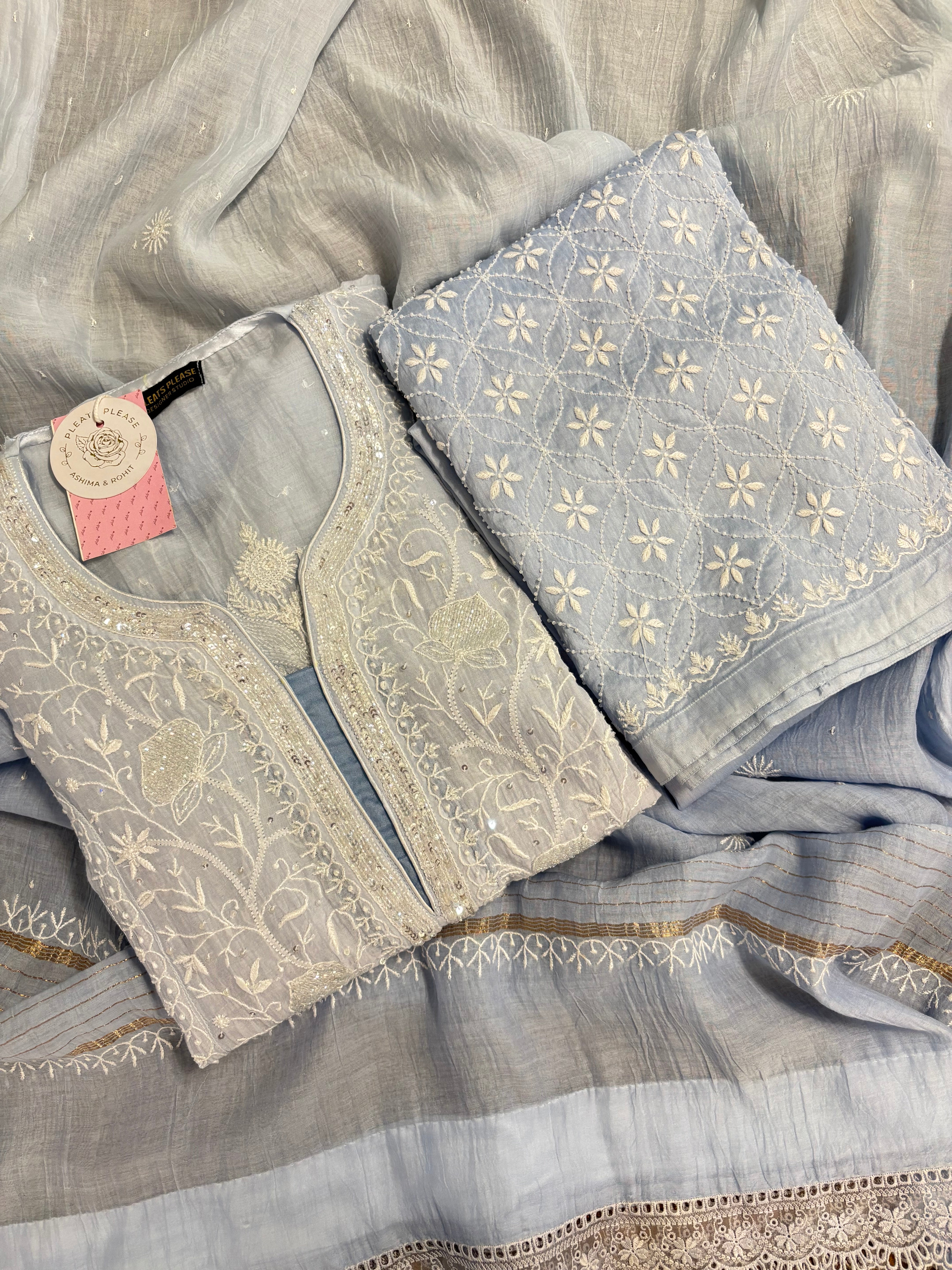 Powder Blue Ombré Chanderi Mul Chikankari Kurta & Dupatta With Bottom