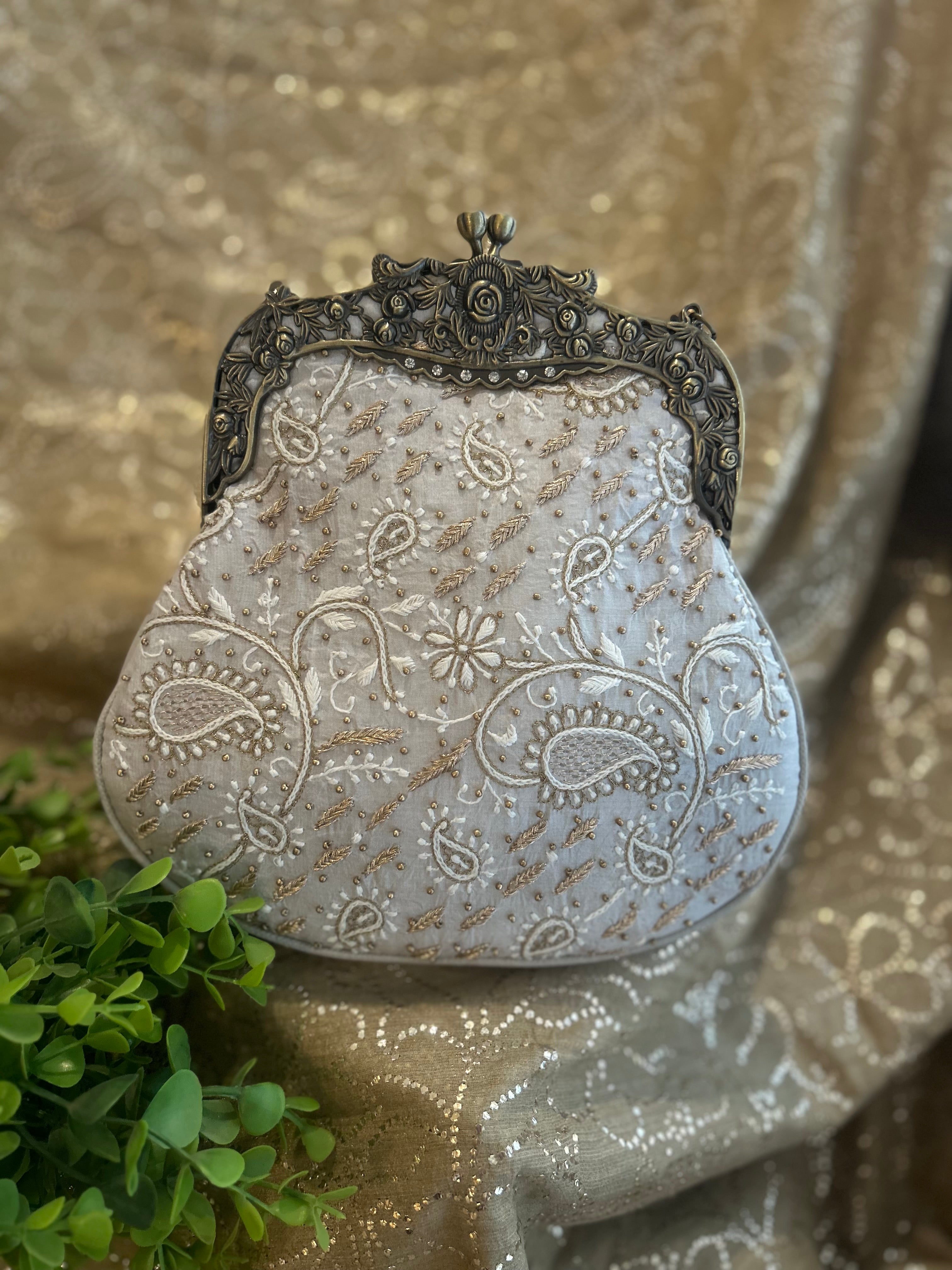 Bottle Grey Chikankari Clutch Bag