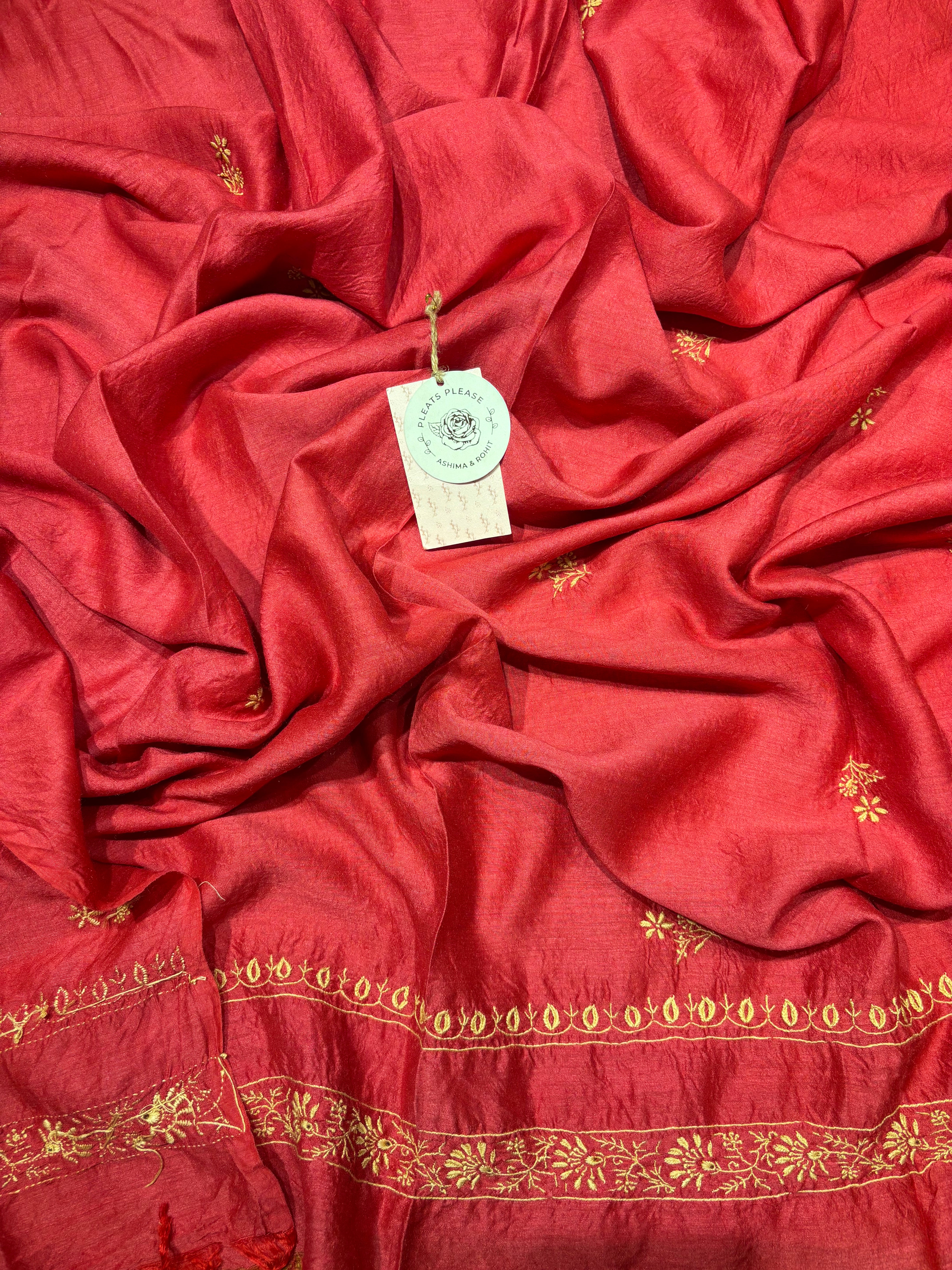Red Monga Silk Chikankari Kalidar Kurta and Dupatta set