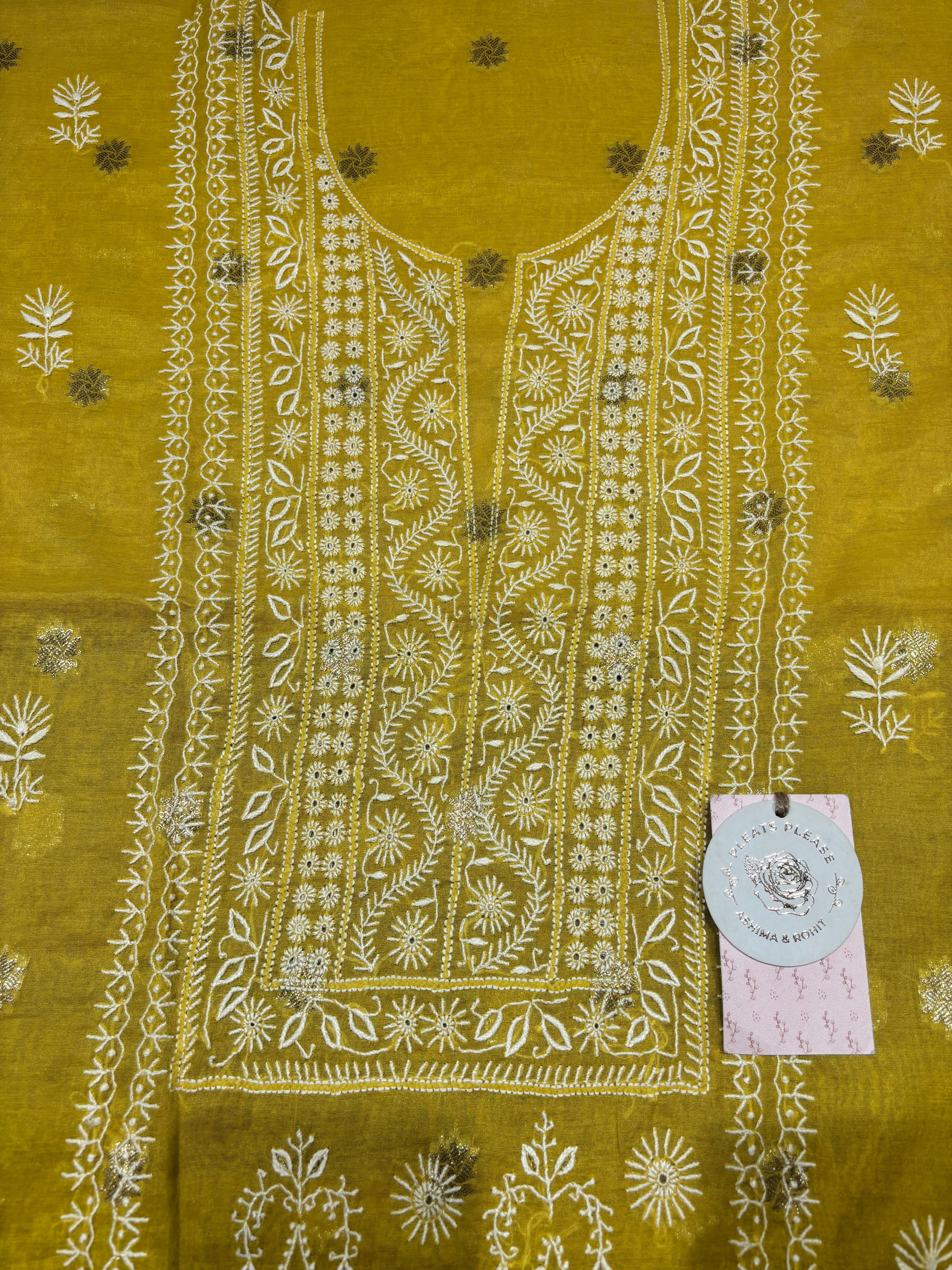 Yellow Chanderi Silk Chikankari Kurta & Dupatta Fabric