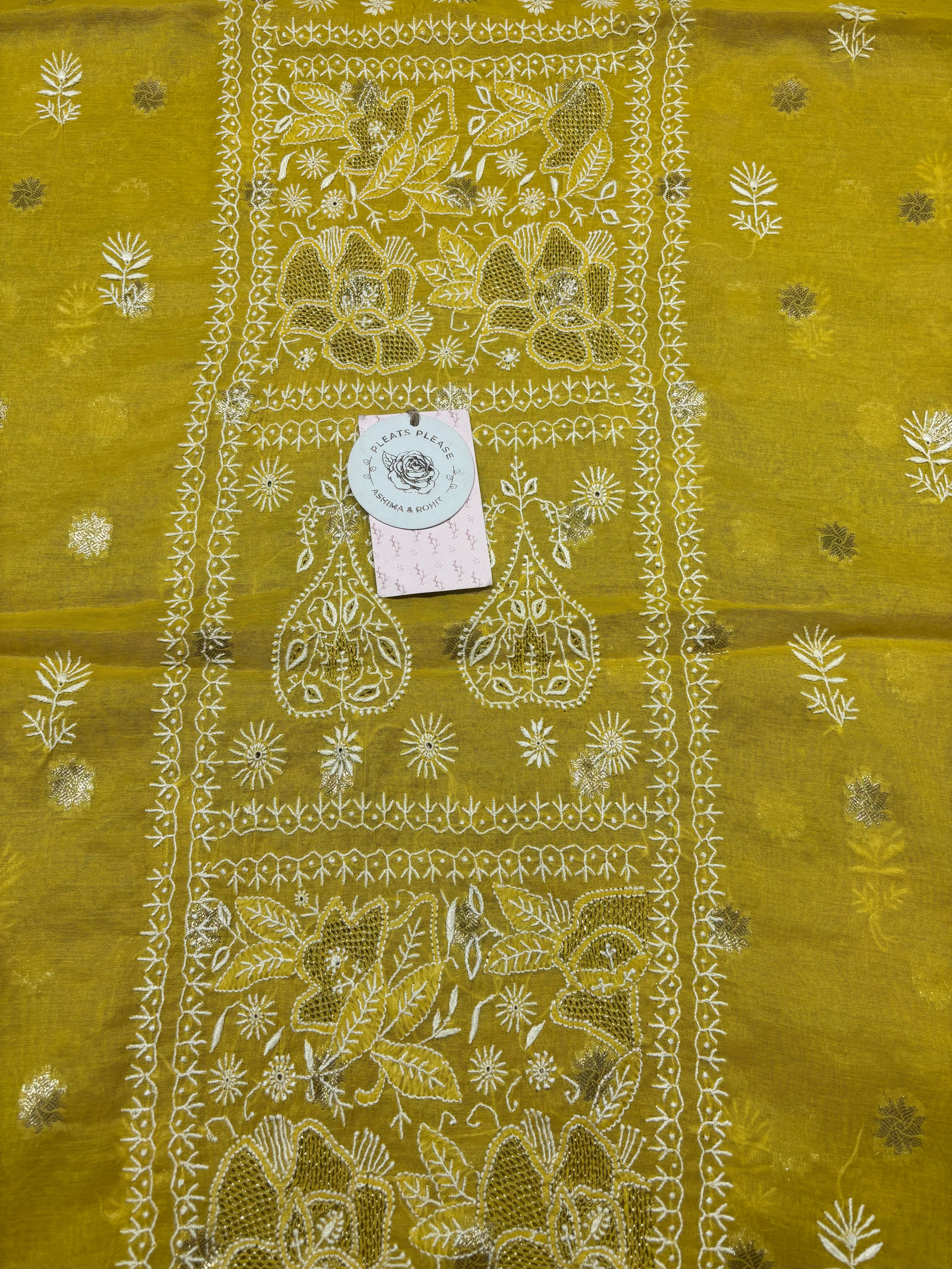 Yellow Chanderi Silk Chikankari Kurta & Dupatta Fabric