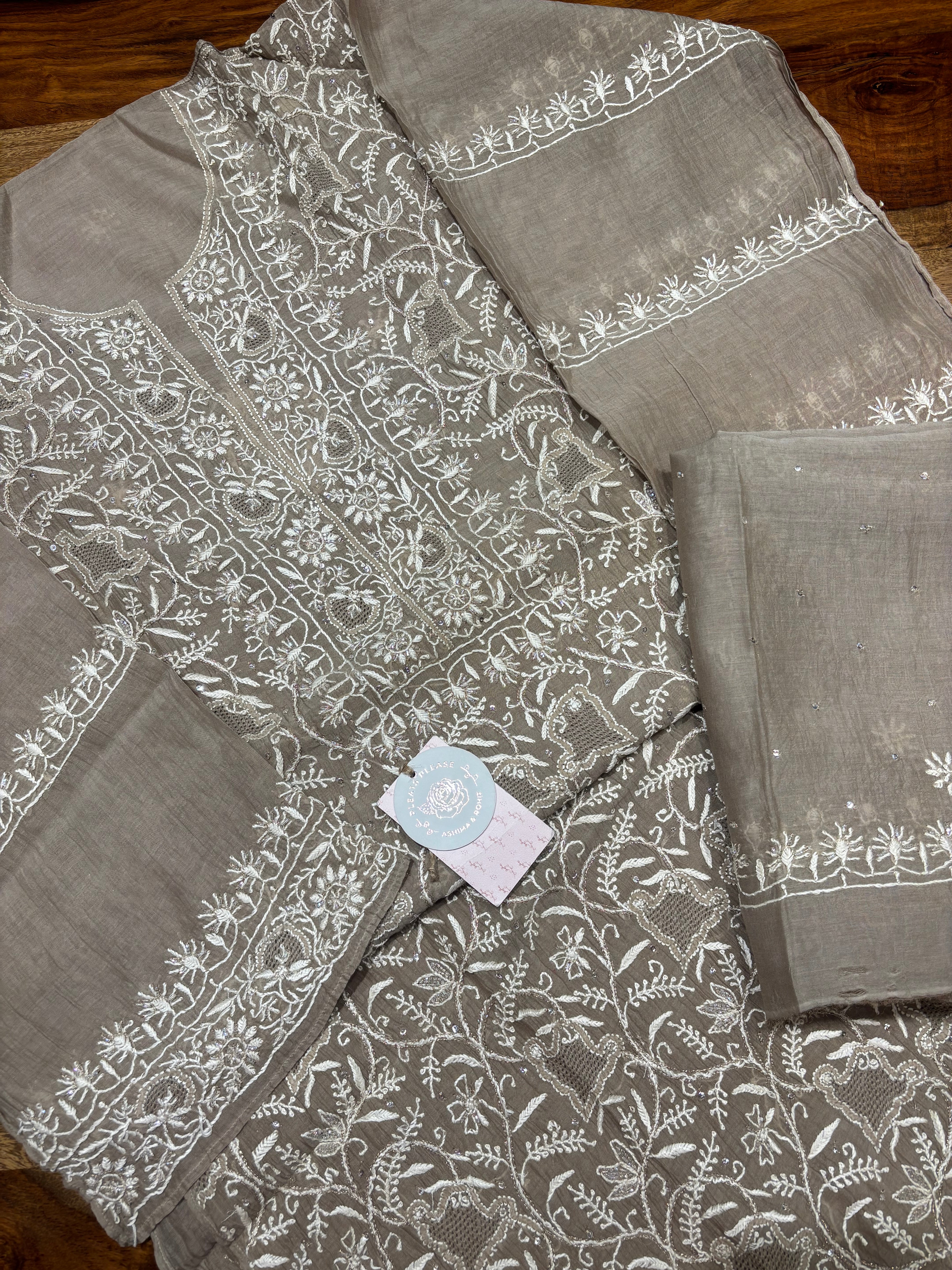 Mocha Mousse Chanderi Mul Chikankari Kurta & Dupatta Set