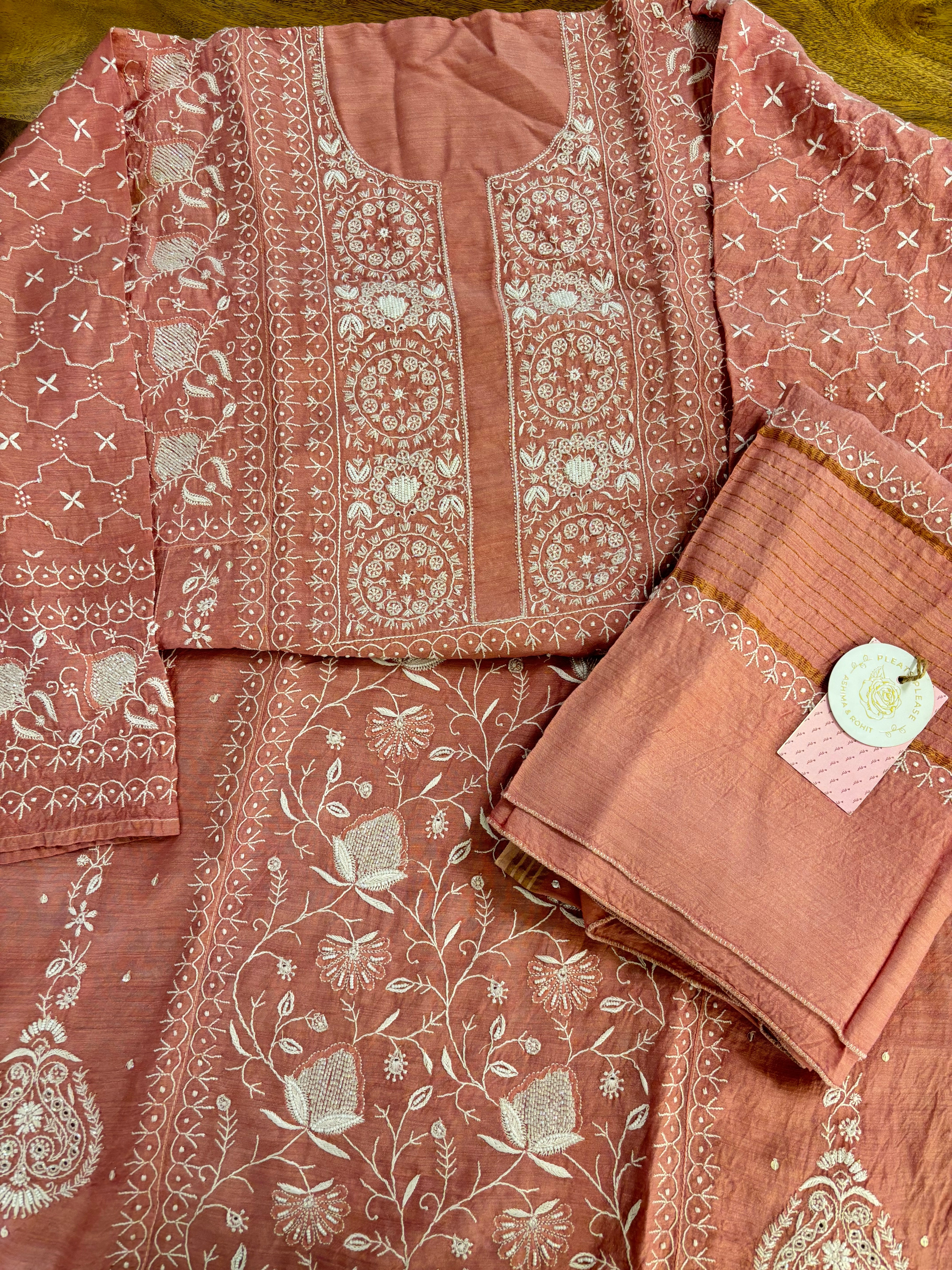 Peach Monga Silk Chikankari Anarkali & Dupatta Set