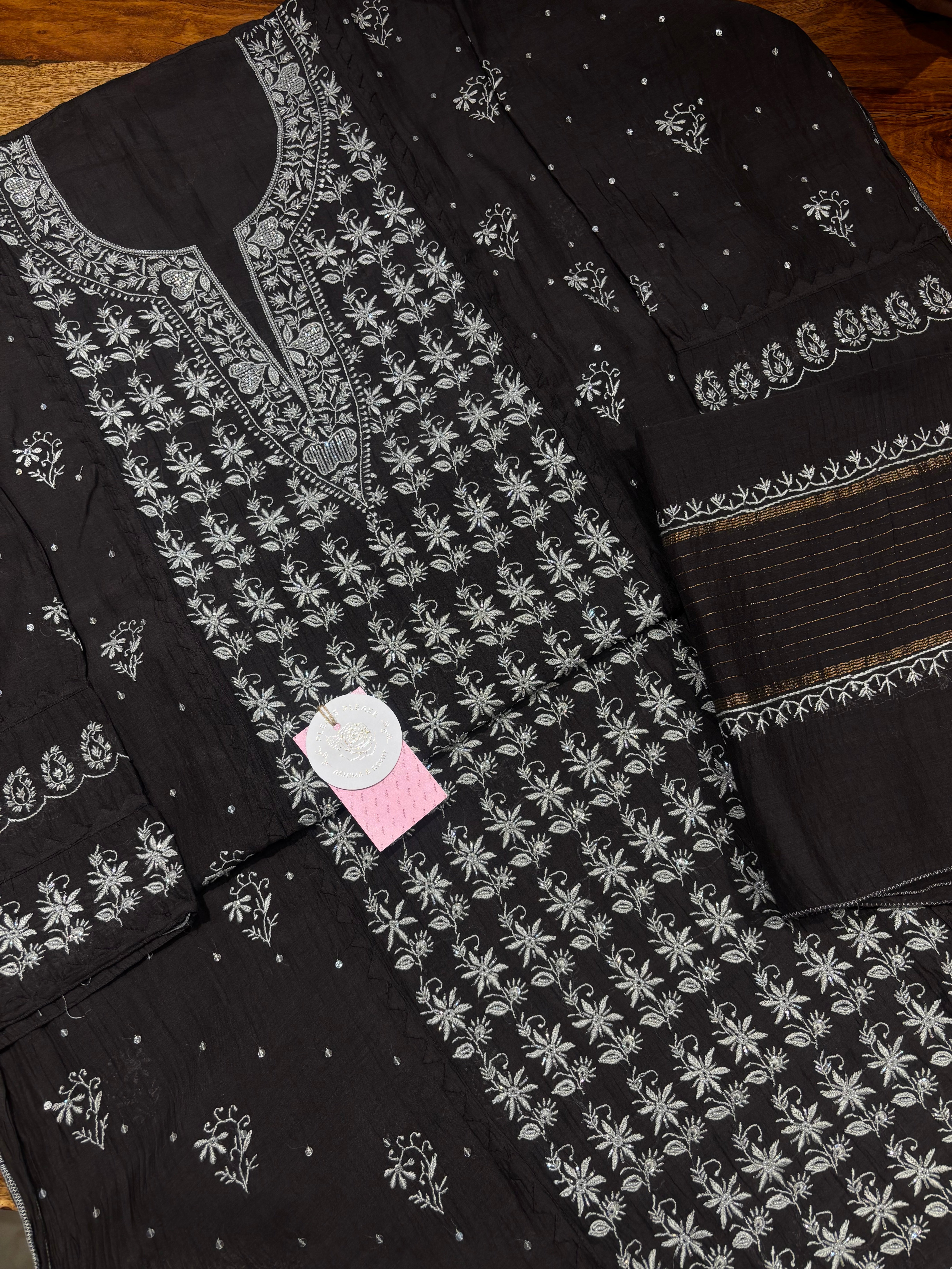 Black Chanderi Mul Chikankari Kurta & Dupatta Set