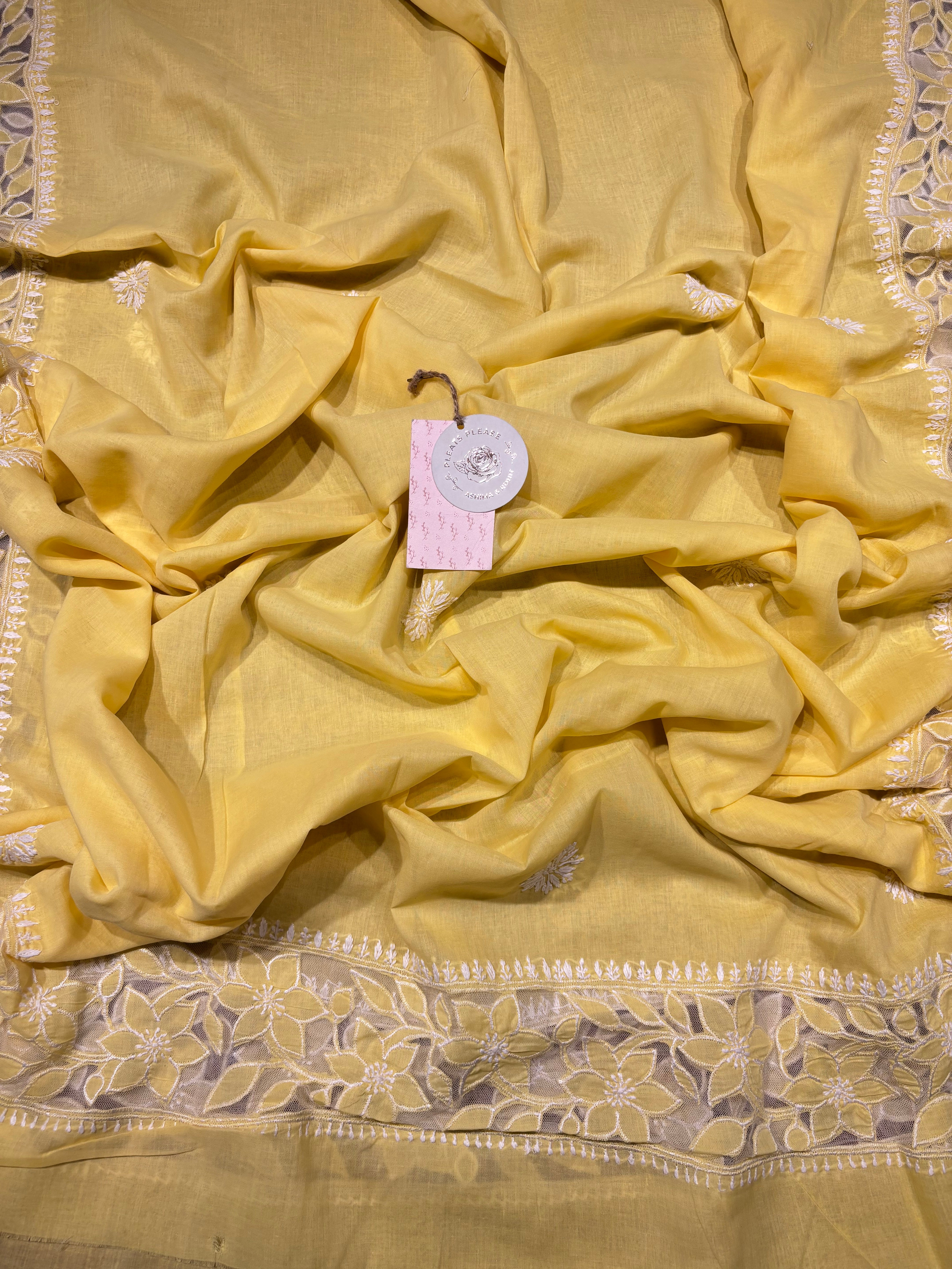 Yellow Mul Soft Net Chikankari Applique Kurta And Dupatta Fabric