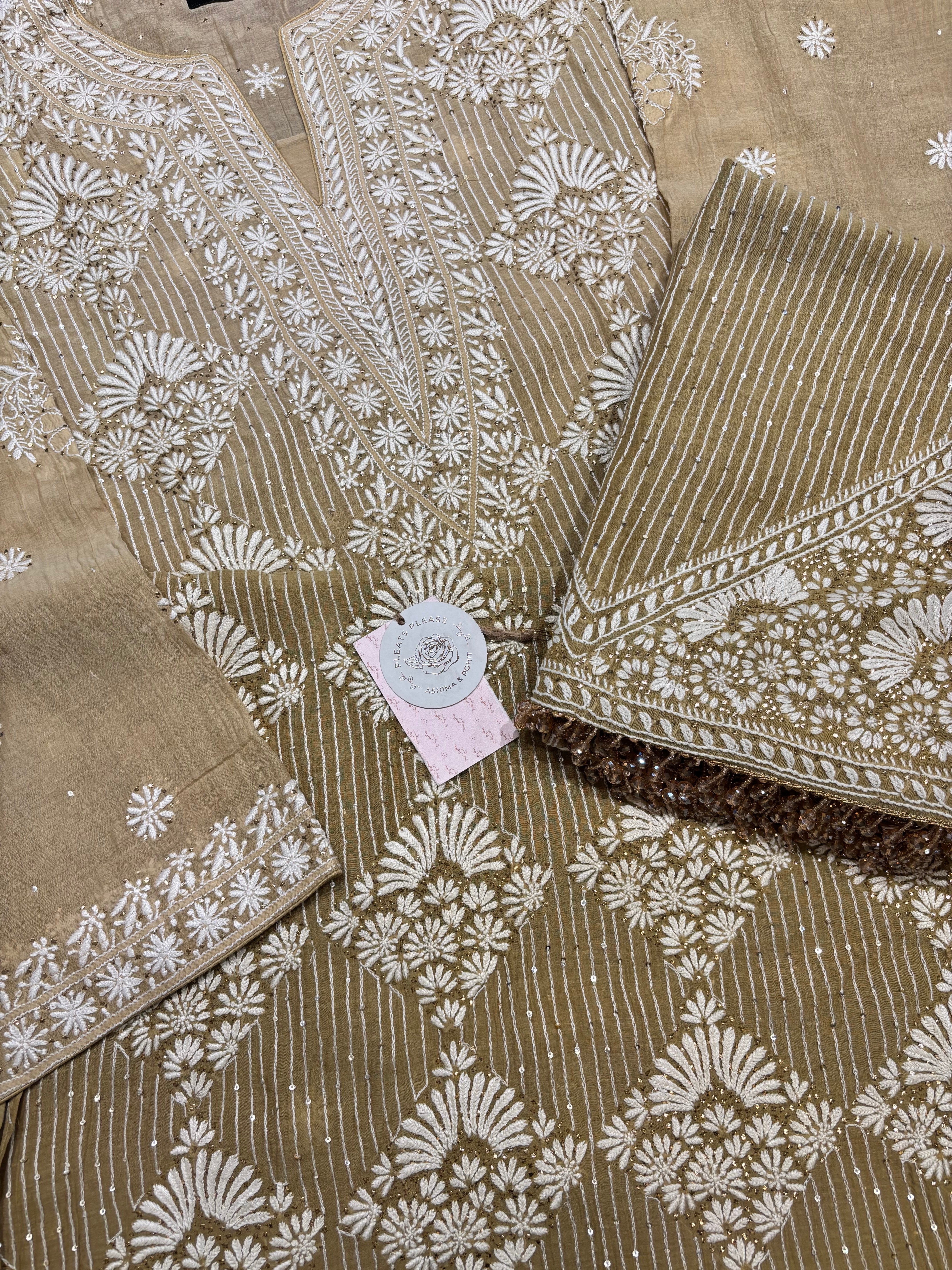 Olive Green Ombré Chanderi Mul Chikankari & Mukaish Kurta and Heavy Dupatta Set