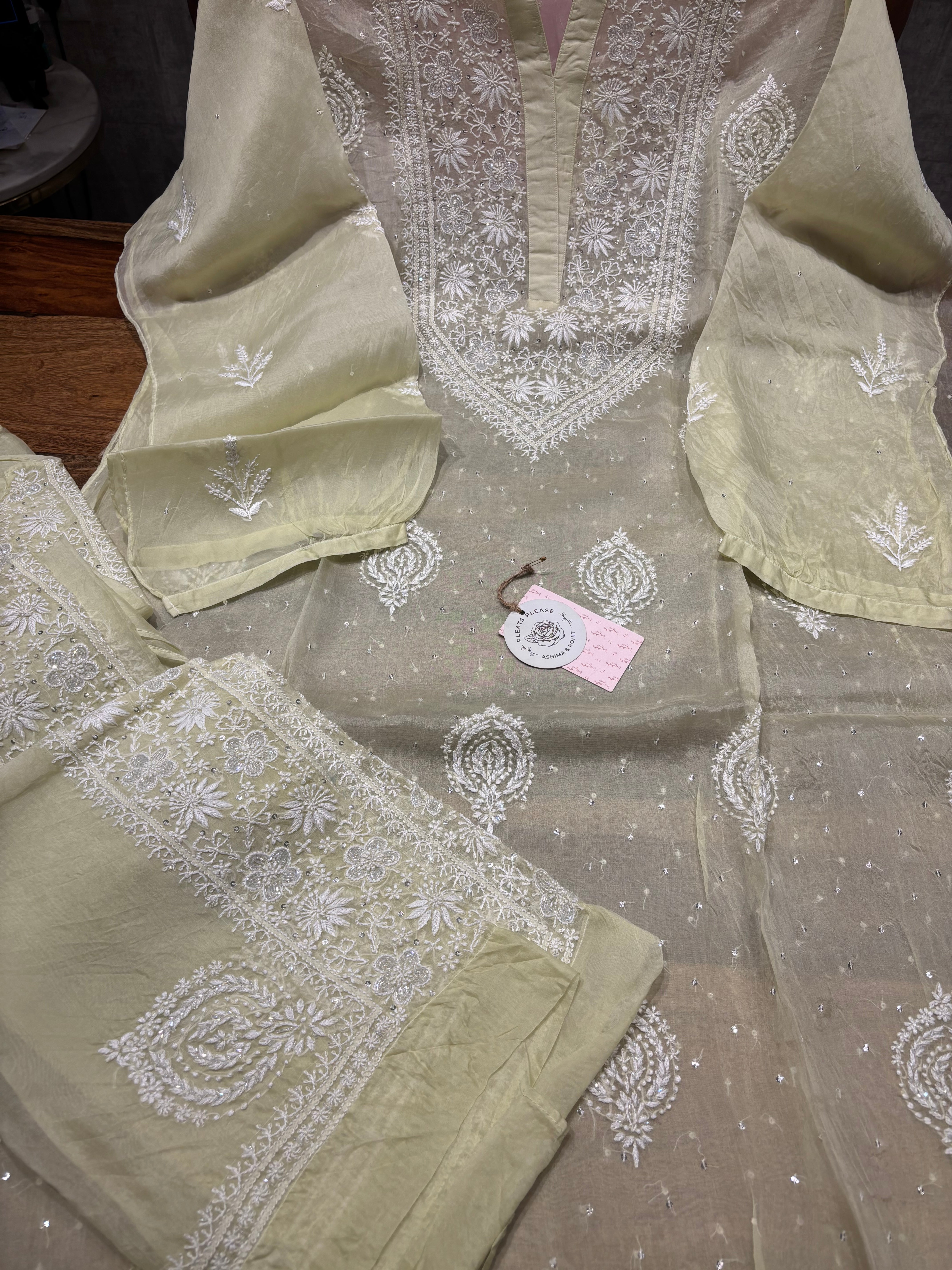 Pistachio Green Pure And Premium Organza Chikankari Co-ord Set