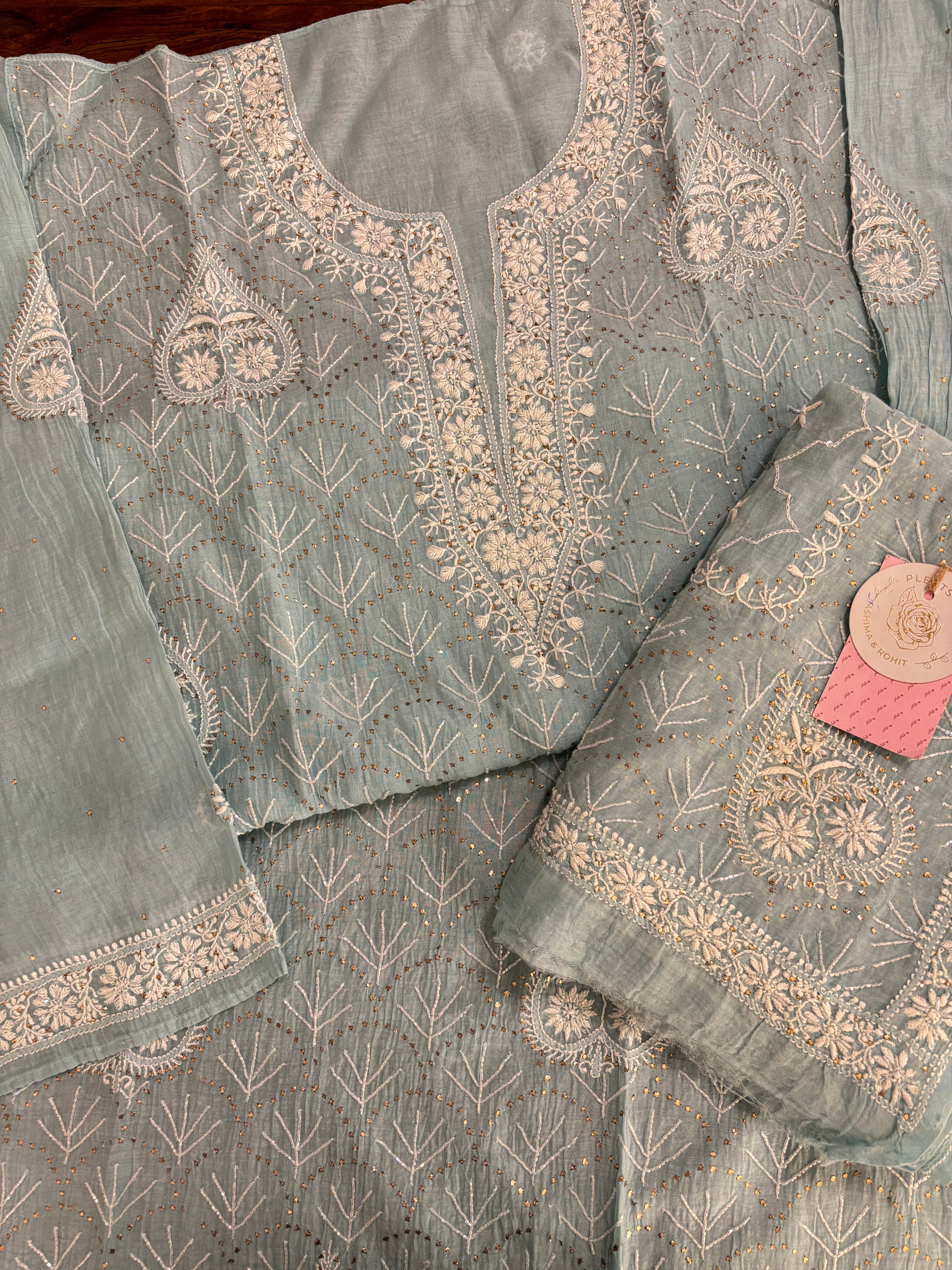 Ice Blue Chanderi Mul Chikankari Mukaish Kurta & Dupatta