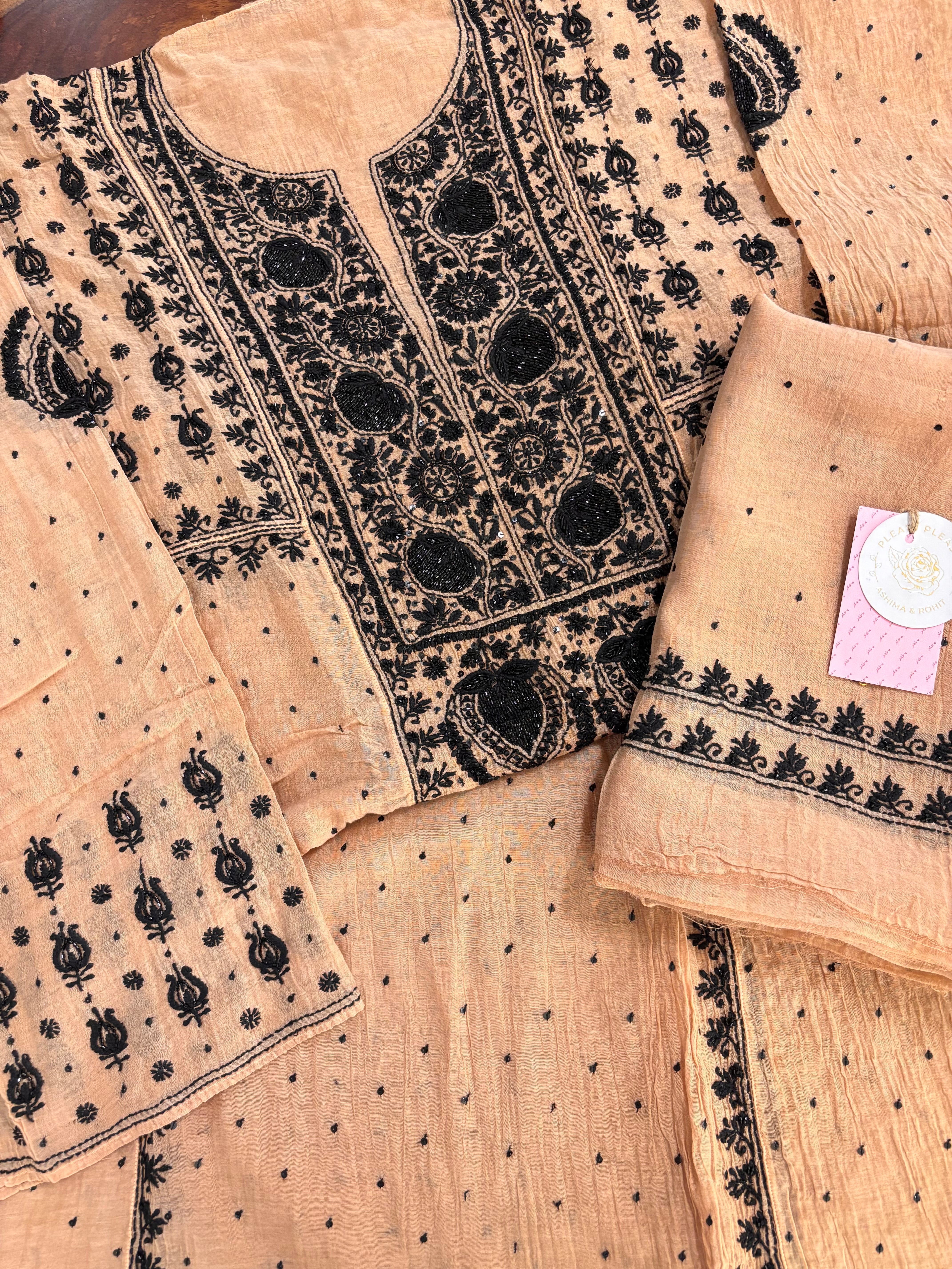 Apricot Peach Chanderi Mul Chikankari A-Line Kurta & Dupatta