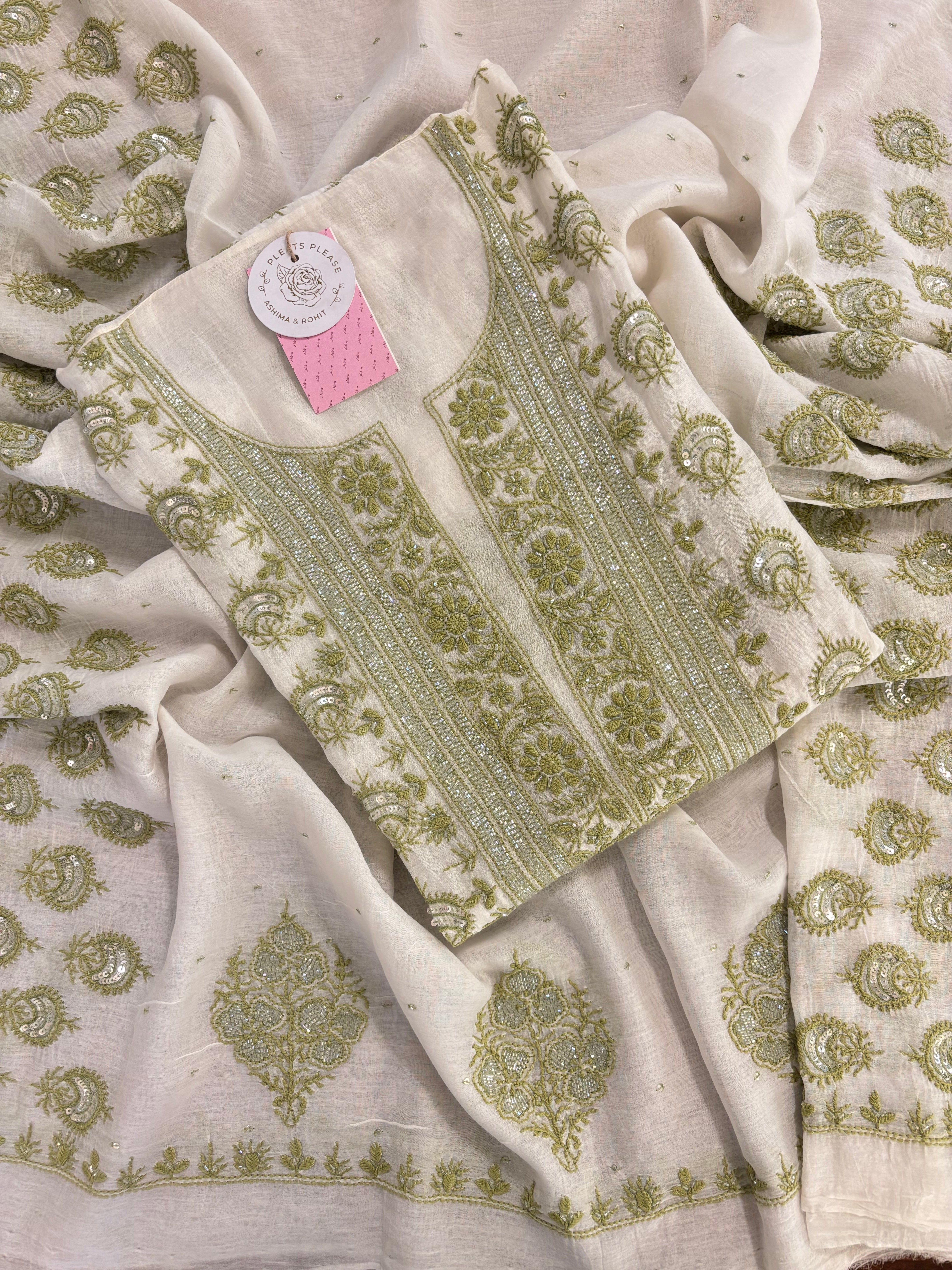 Dyeable Chanderi Chikankari Kurta & Dupatta - Pleats PleaseChikankari