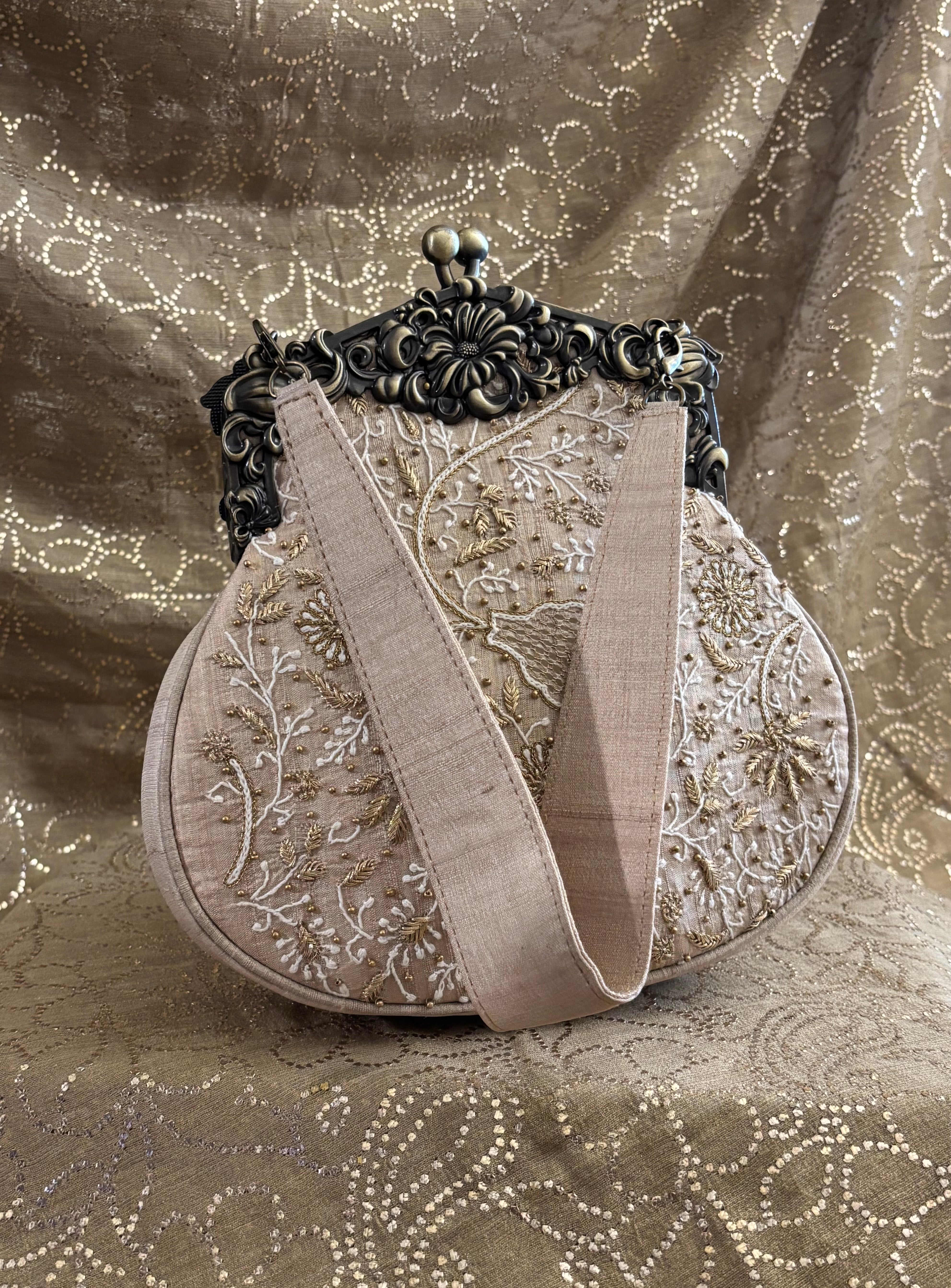 Beige Chikankari Clutch Bag