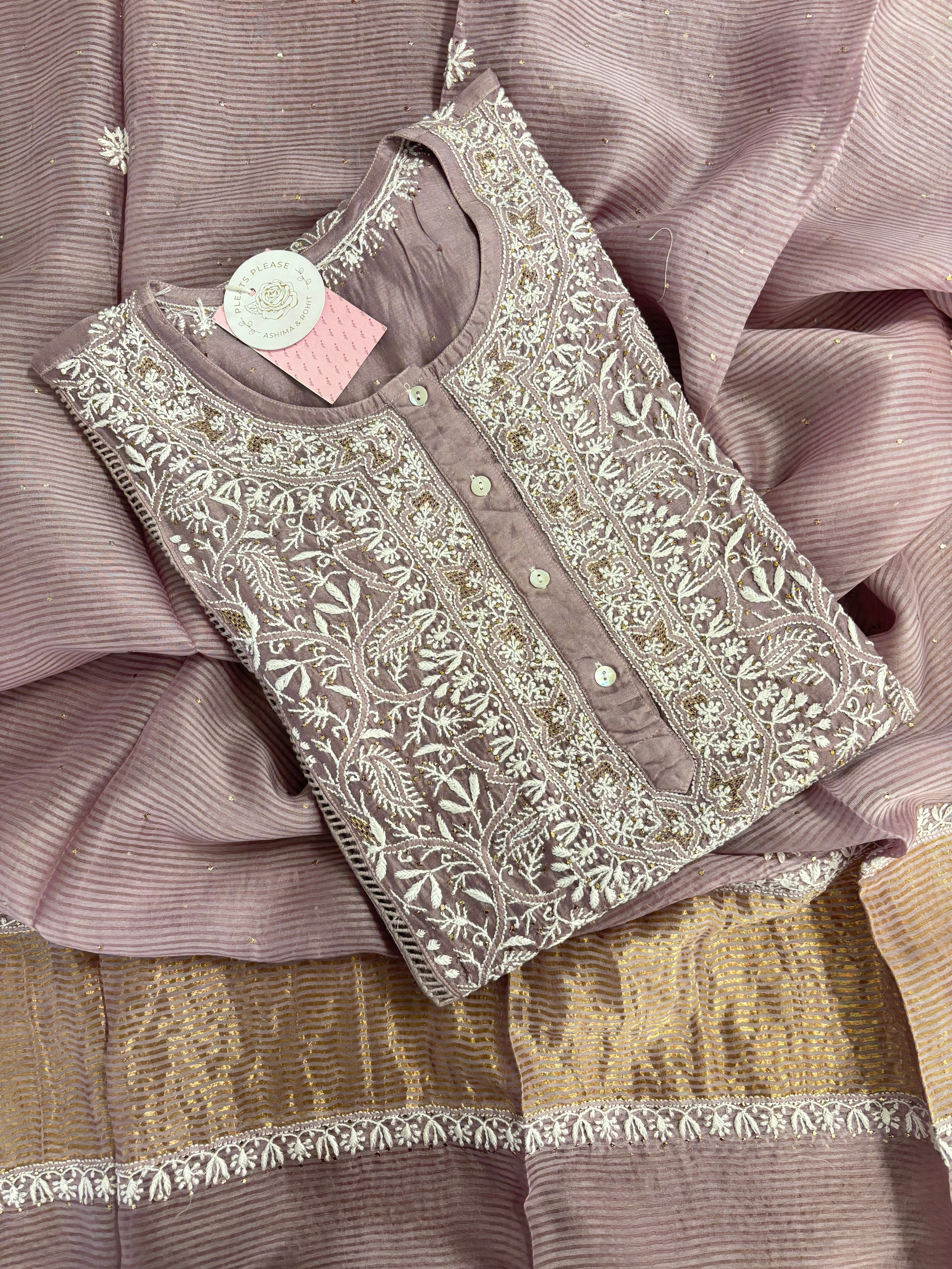 Mauve Chanderi Mukaish Chikankari Kurta & Dupatta