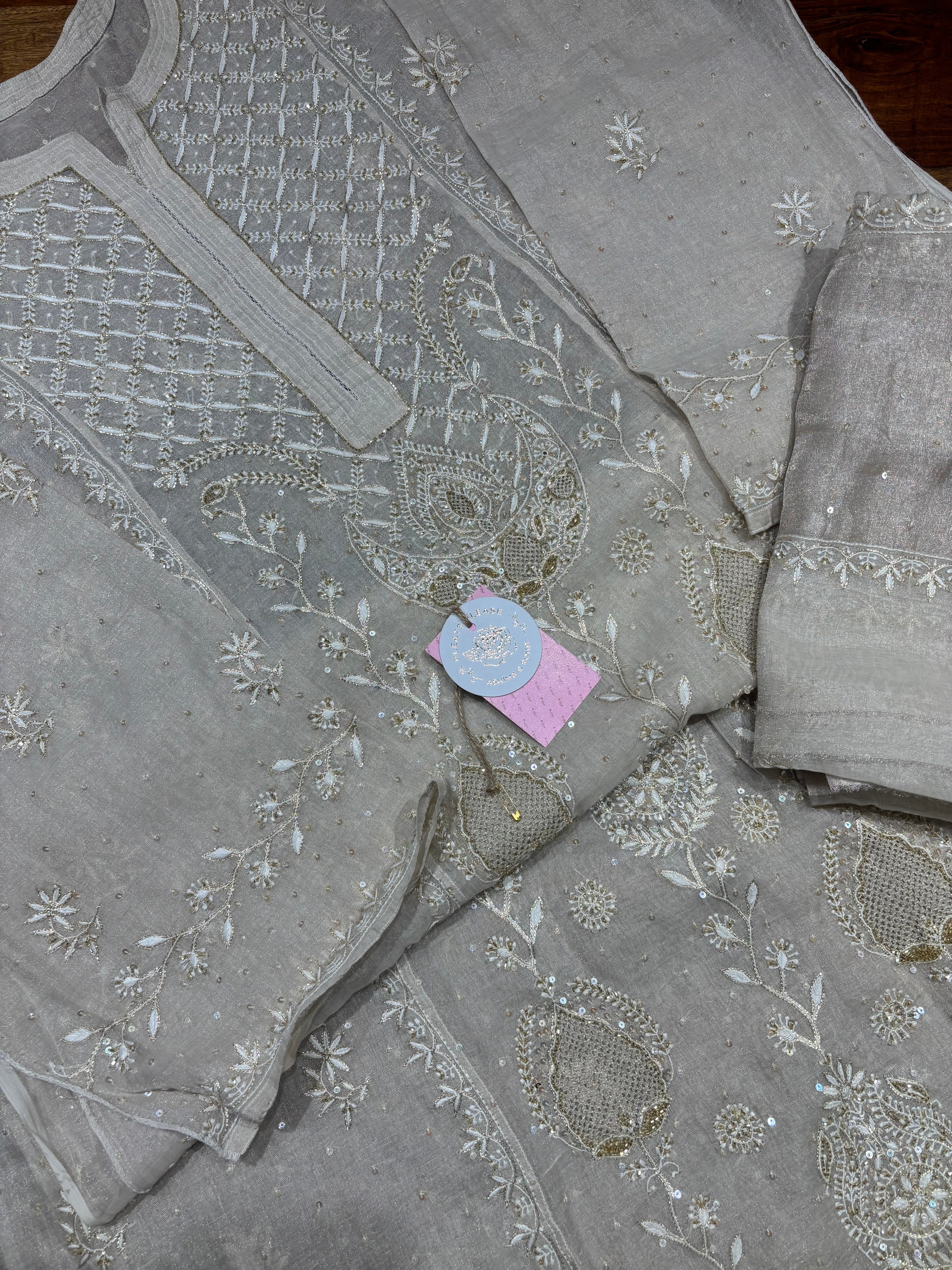 Dyeable Pure and Premium Silver Tissue Chikankari Kurta and Dupatta Set