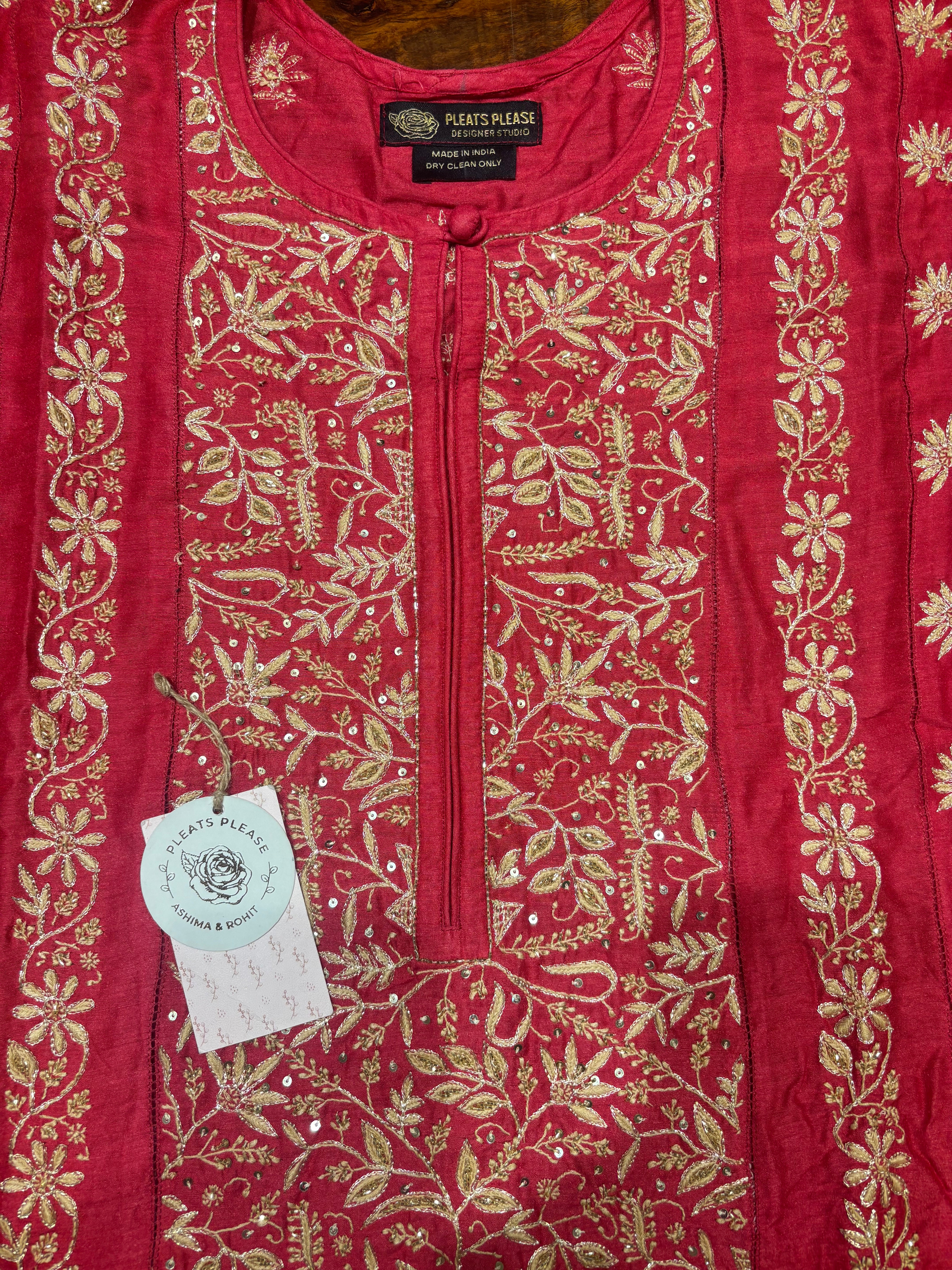 Red Monga Silk Chikankari A-line Anarkali & Dupatta Set