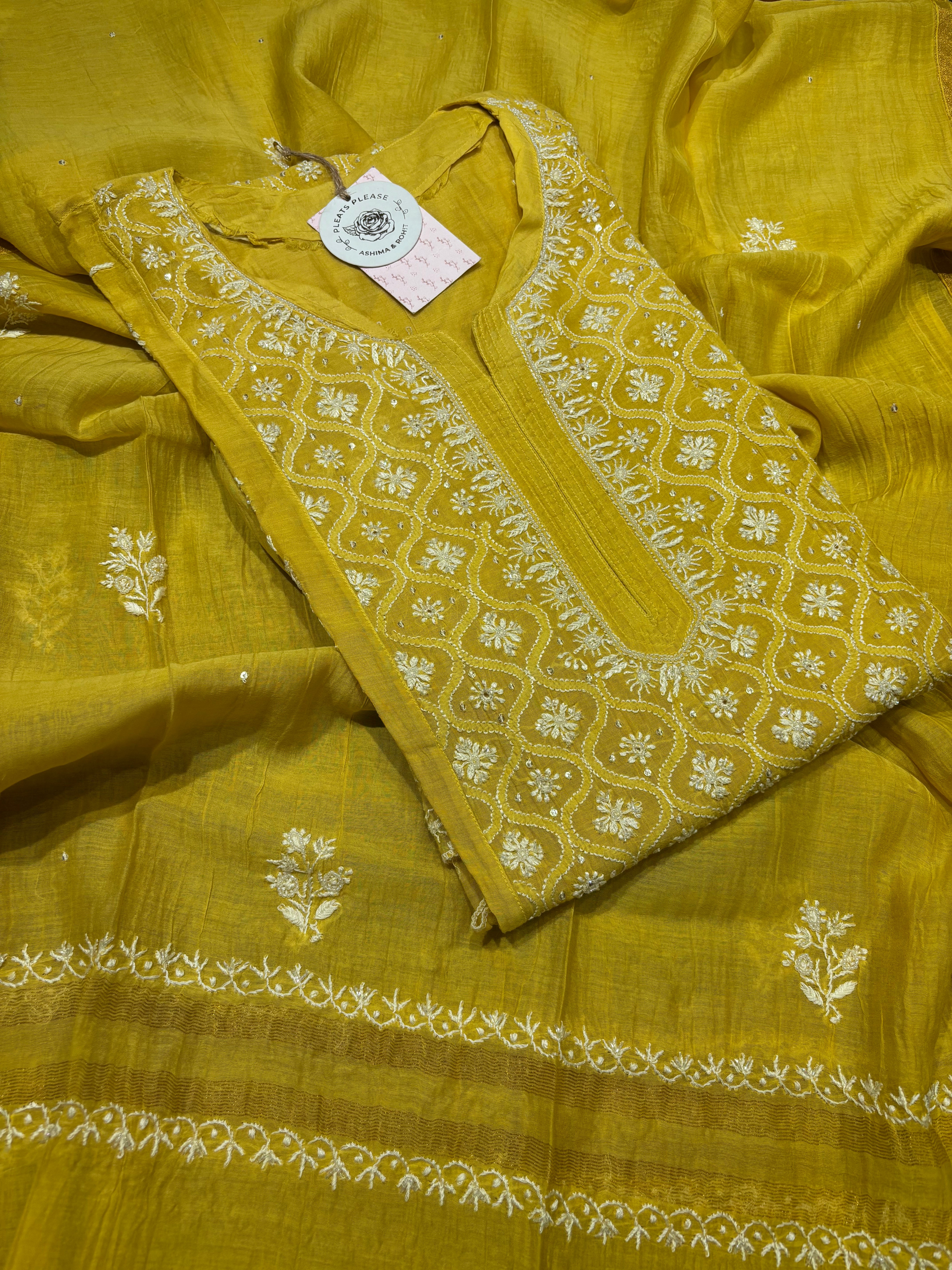 Yellow Chanderi Mul Chikankari kalidar Kurta and Dupatta set