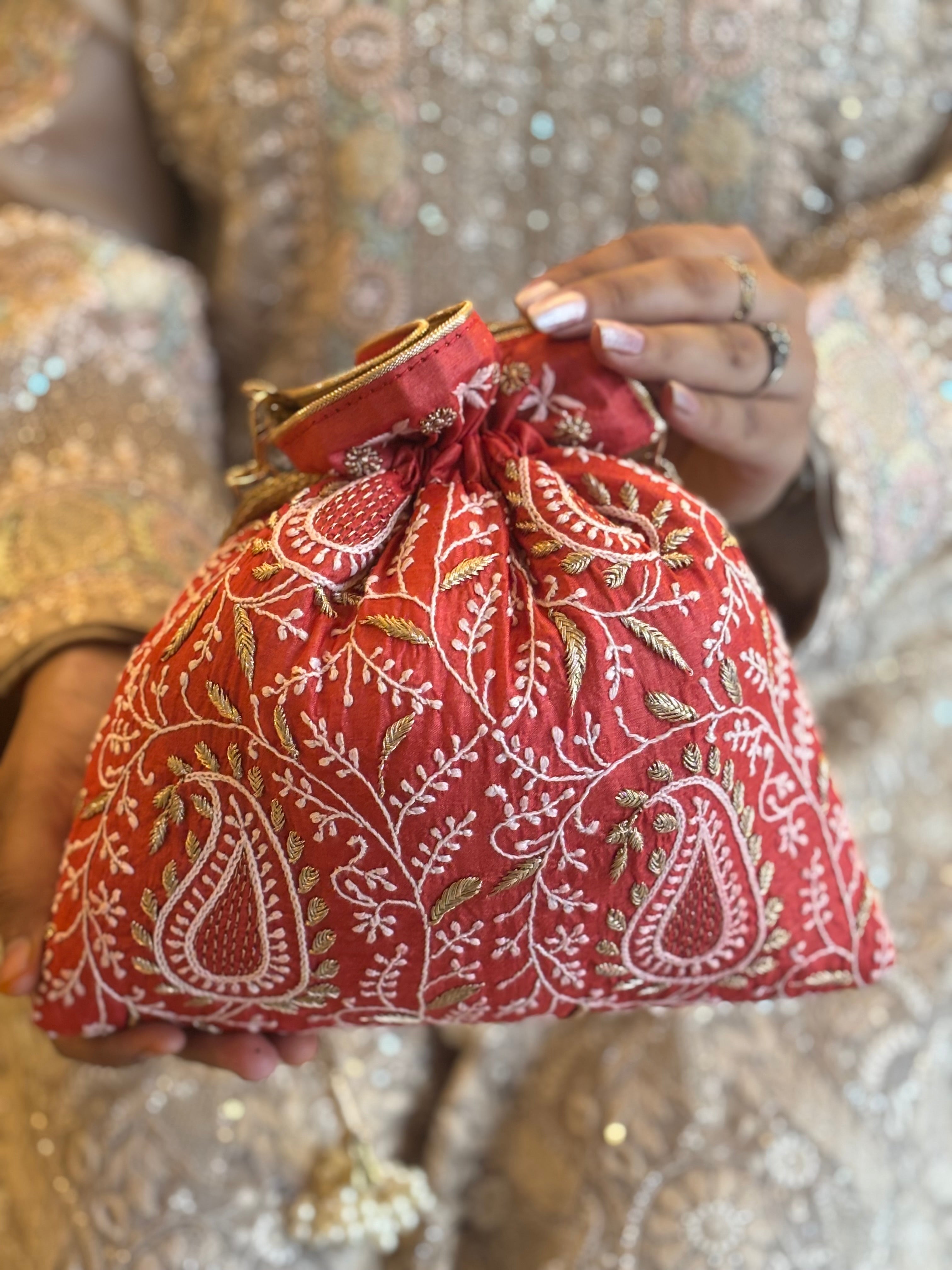 Red  Silk Chikankari Potli