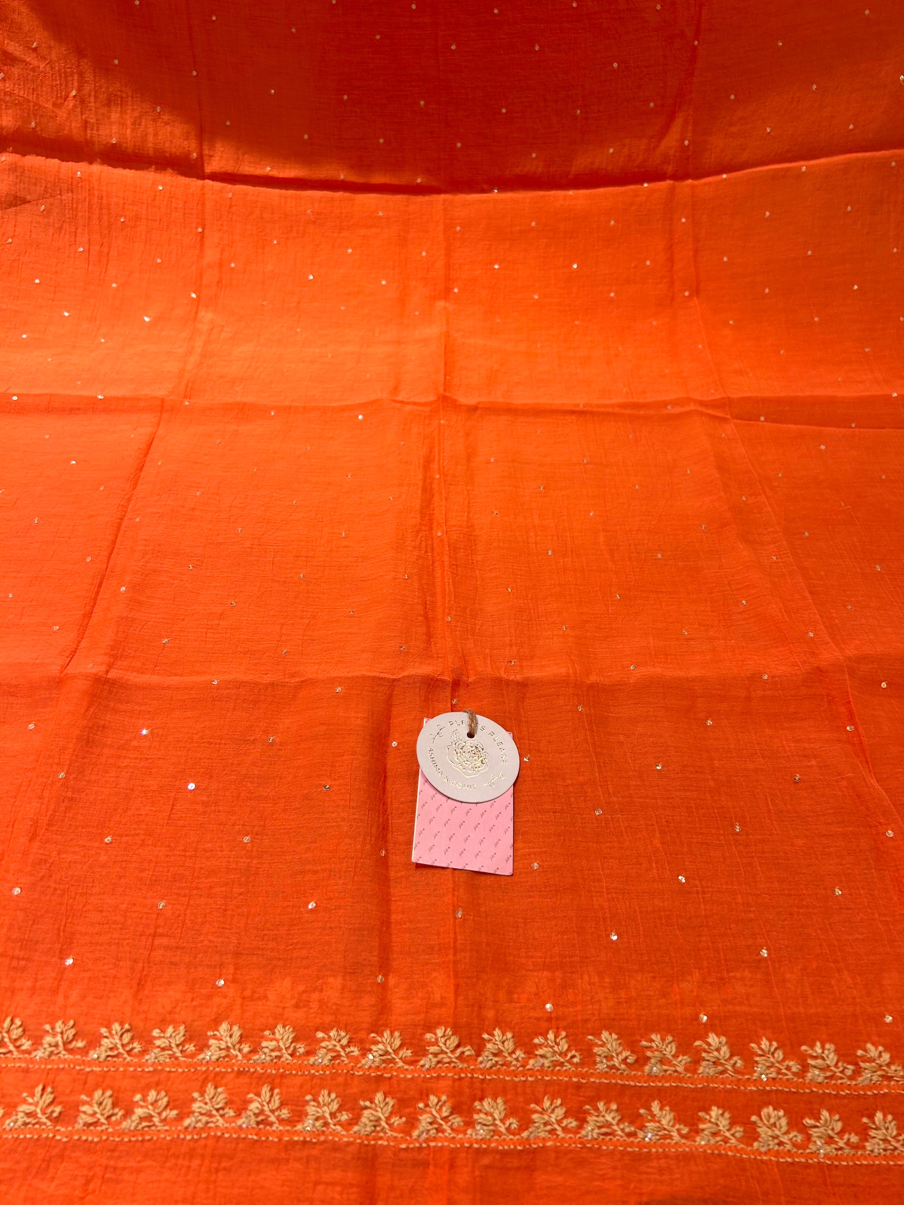 Coral peach Chanderi Chikankari A-line Kurta & Dupatta