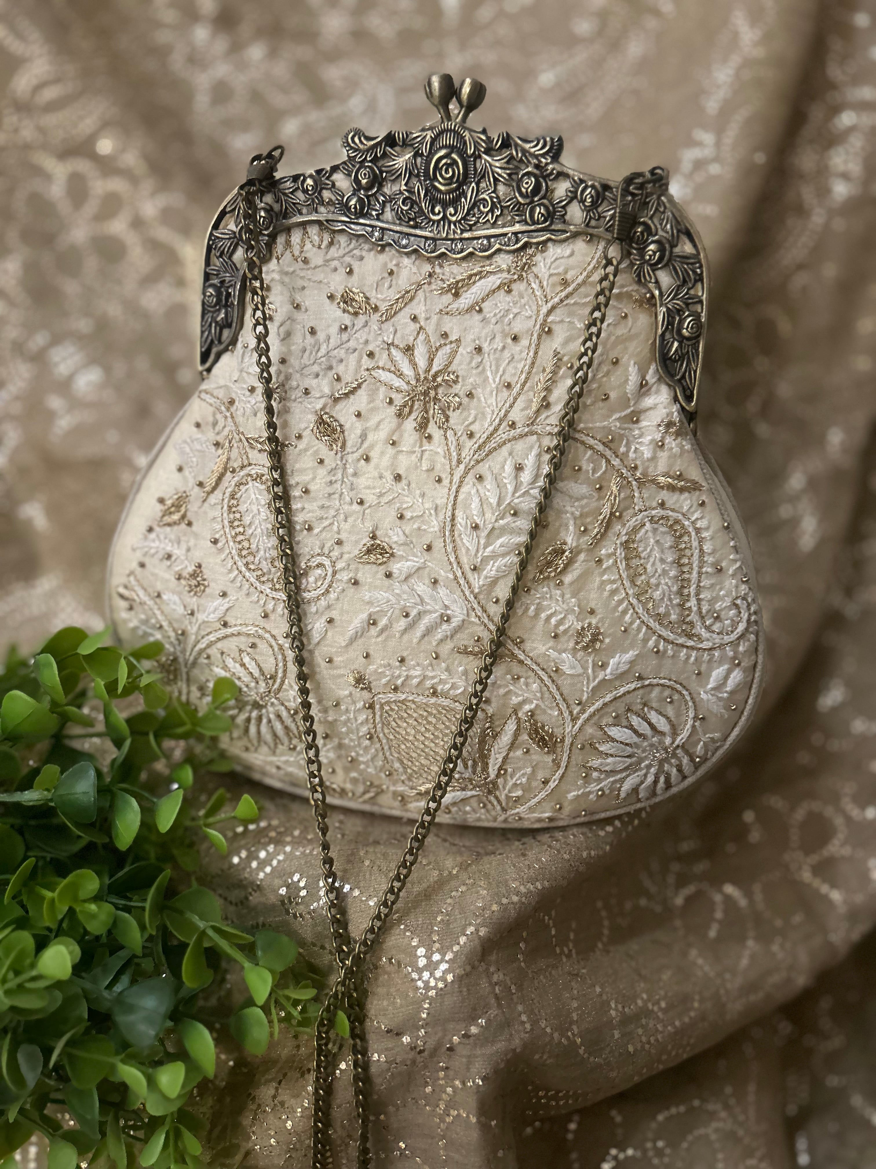 Ivory Chikankari Clutch Bag - Pleats PleaseChikankari