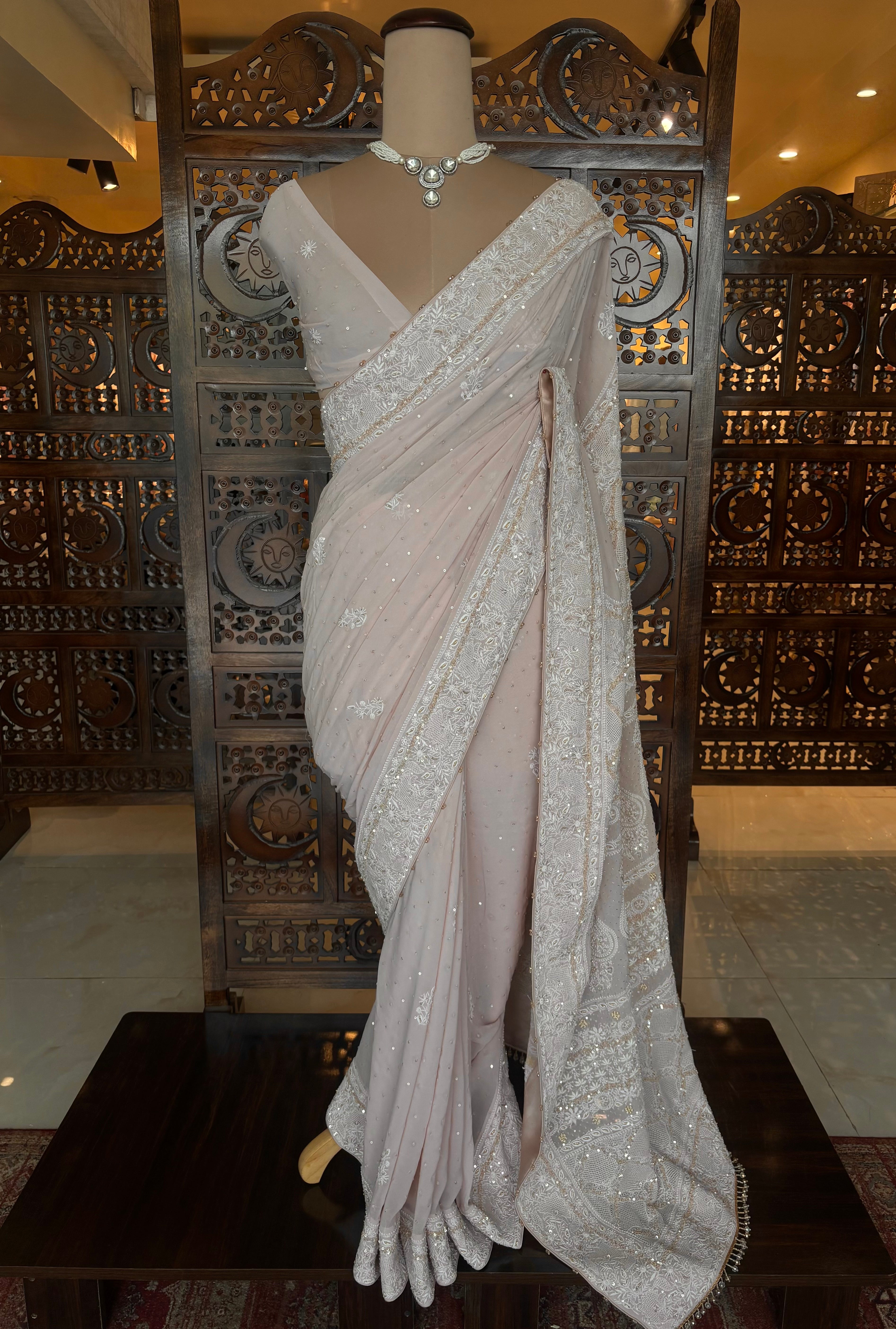 Baby Pink Pure & Premium Georgette Chikankari Zardozi Saree