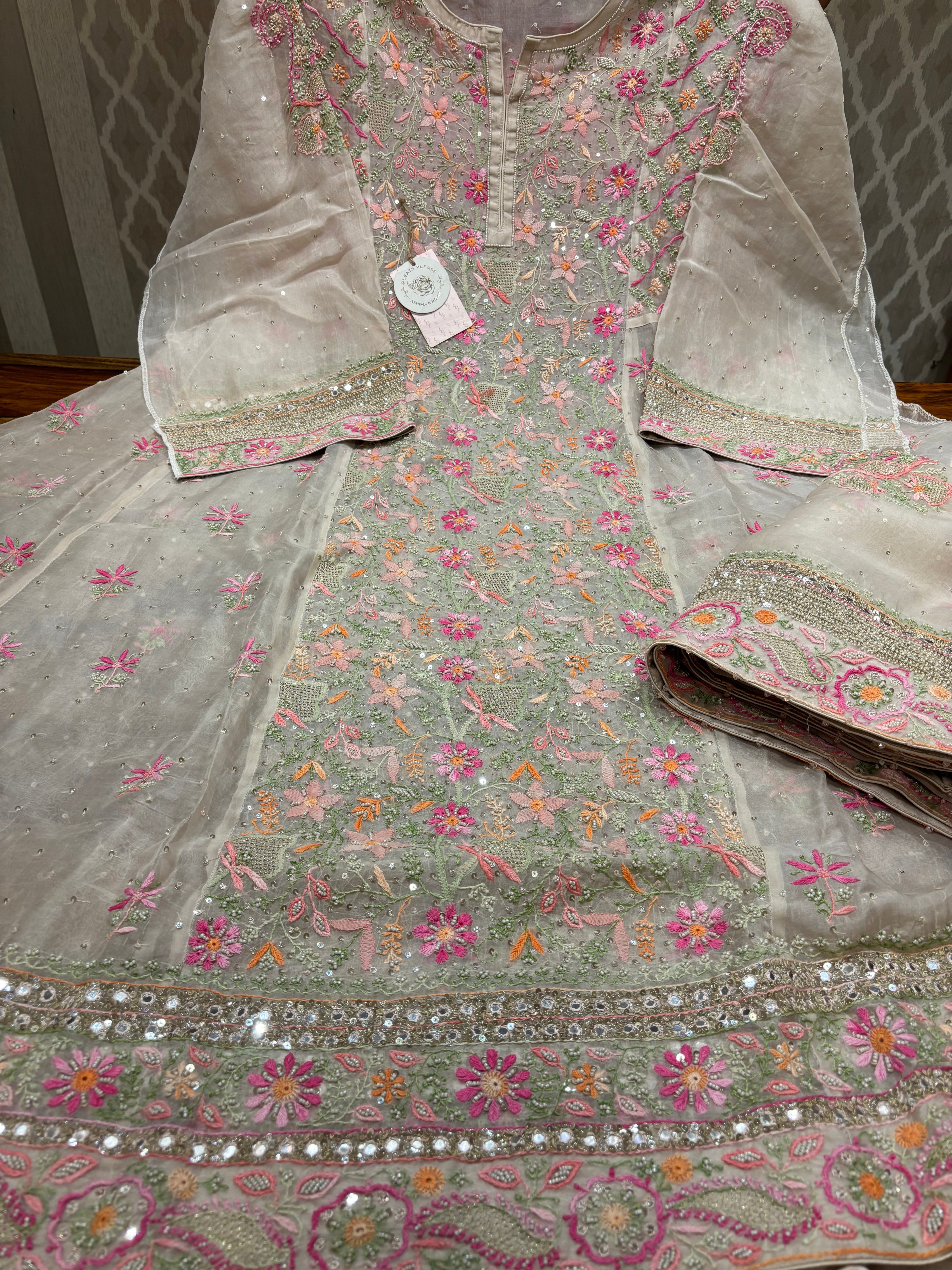 Nude Rose Organza Chikankari Anarkali And Dupatta