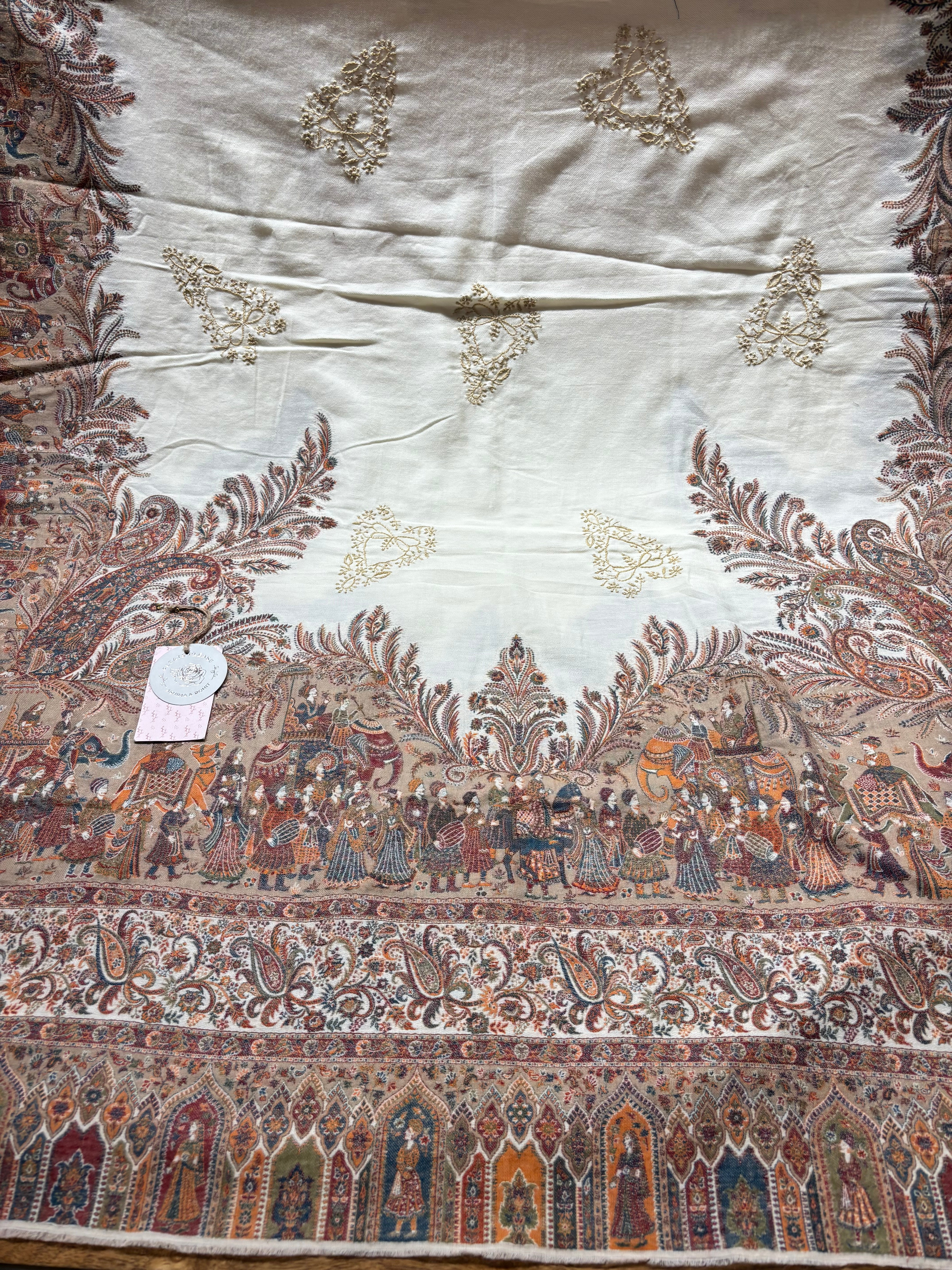 Pearl Bush Woollen Cashmere Chikankari Shawl