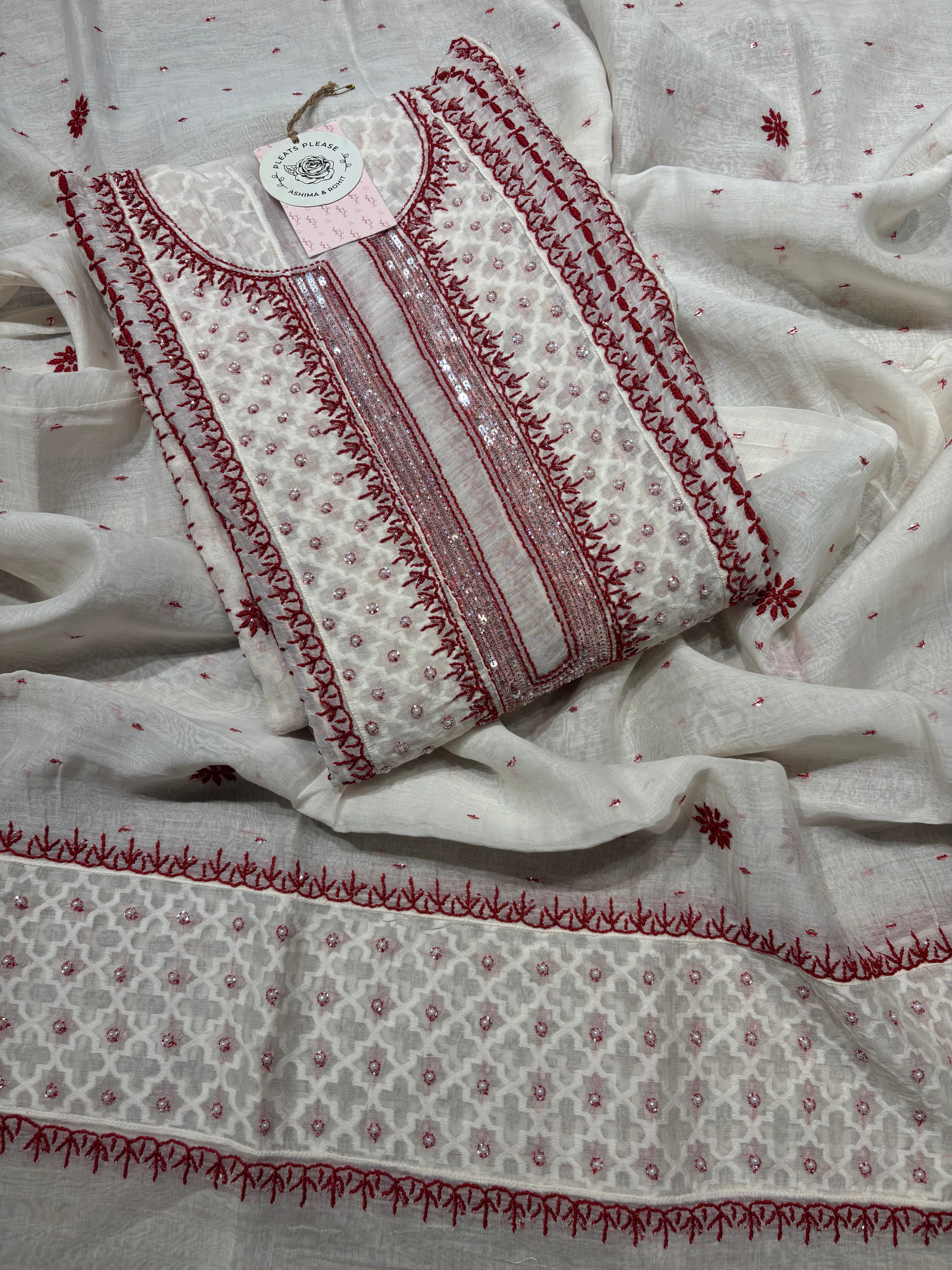 Dyeable chanderi Mul Chikankari Anarkali and Dupatta Set