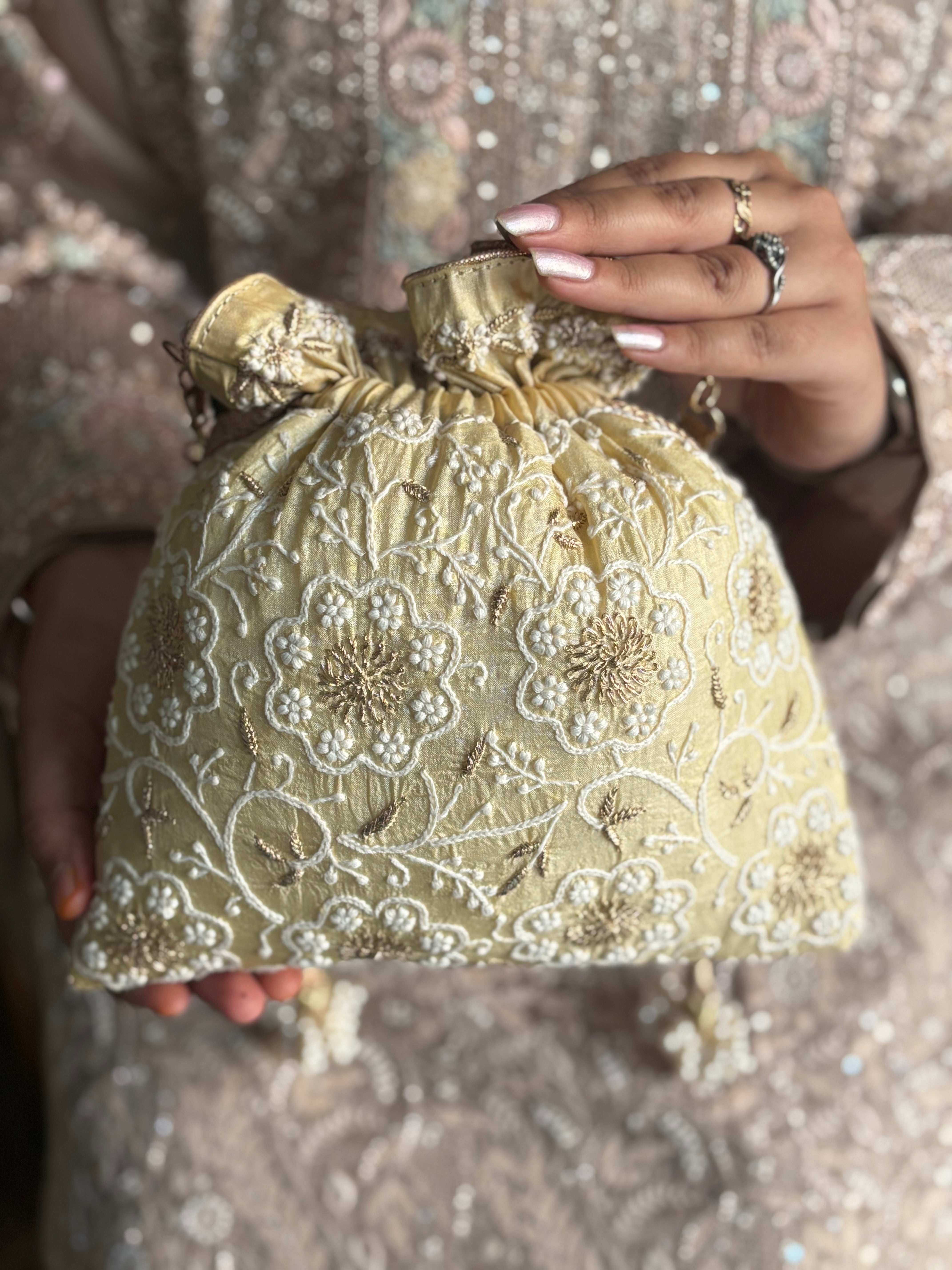 Lemon Yellow Chikankari Silk  Potli