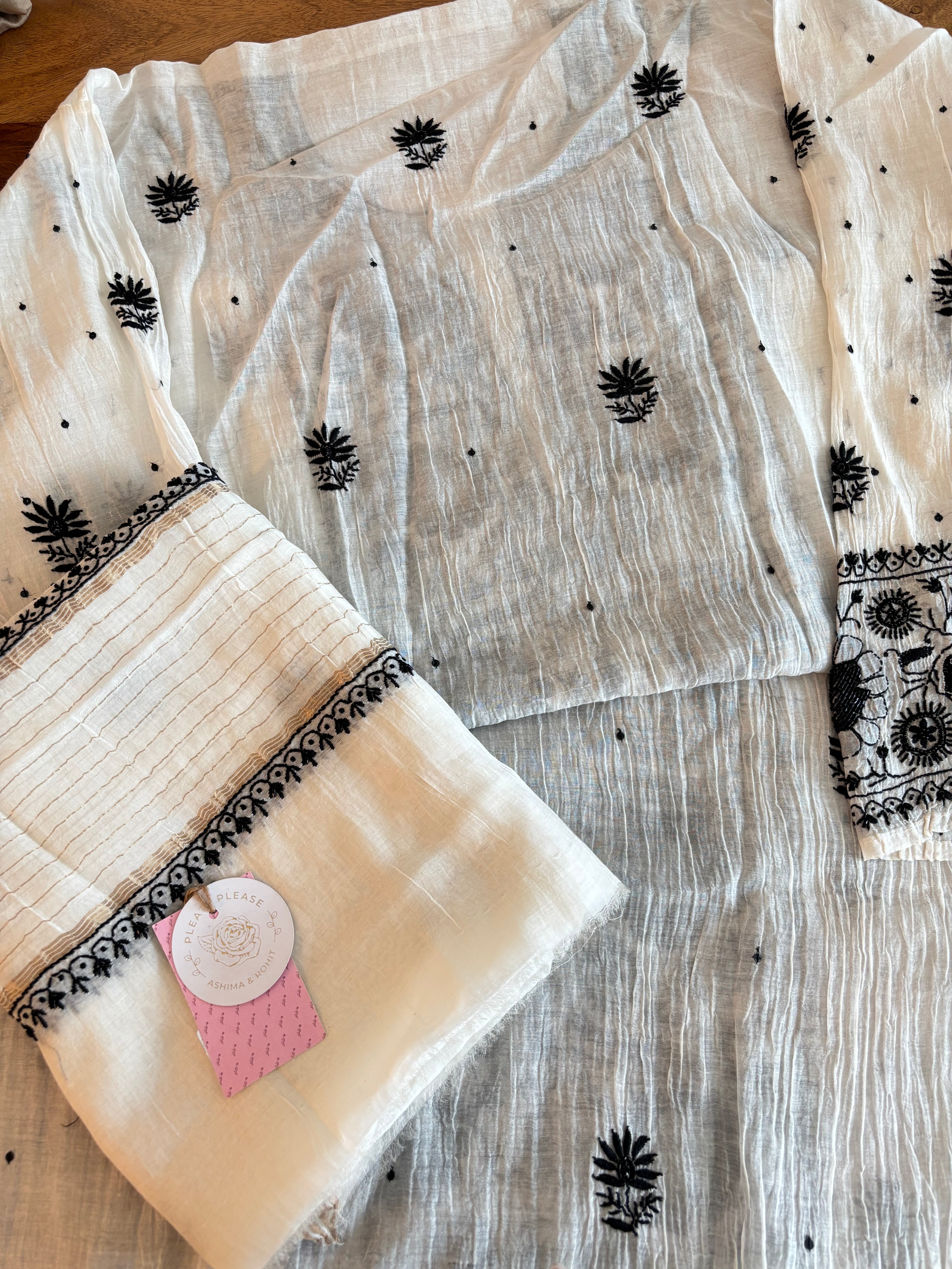 Dyeable Black & White Chanderi Chikankari Kurta & Dupatta