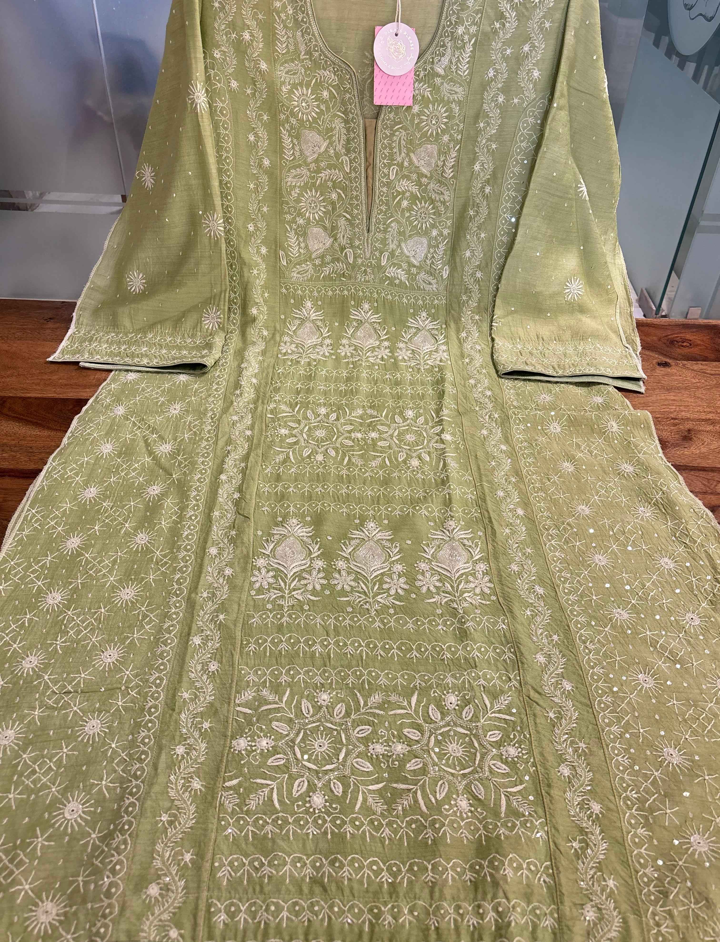 Sage Green Chikankari Munga Silk Kurta Dupatta Set
