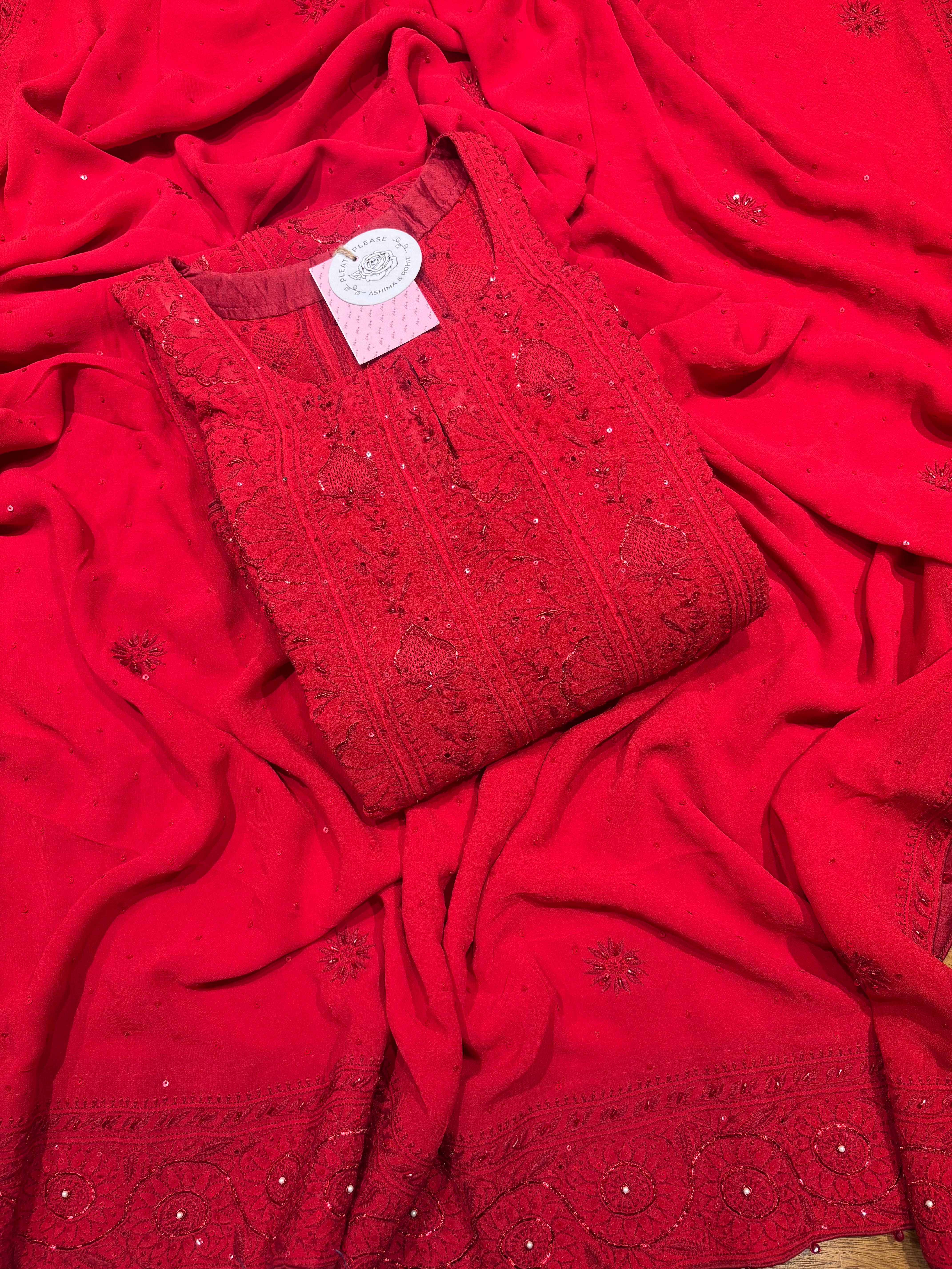 Red Pure & Premium Georgette Chikankari Anarkali & Dupatta Set