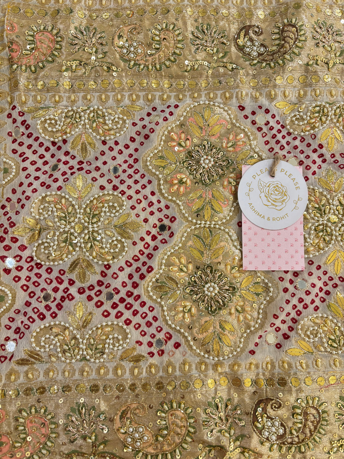 Ivory Bandhej Mirror Zardozi Embellished Dupatta