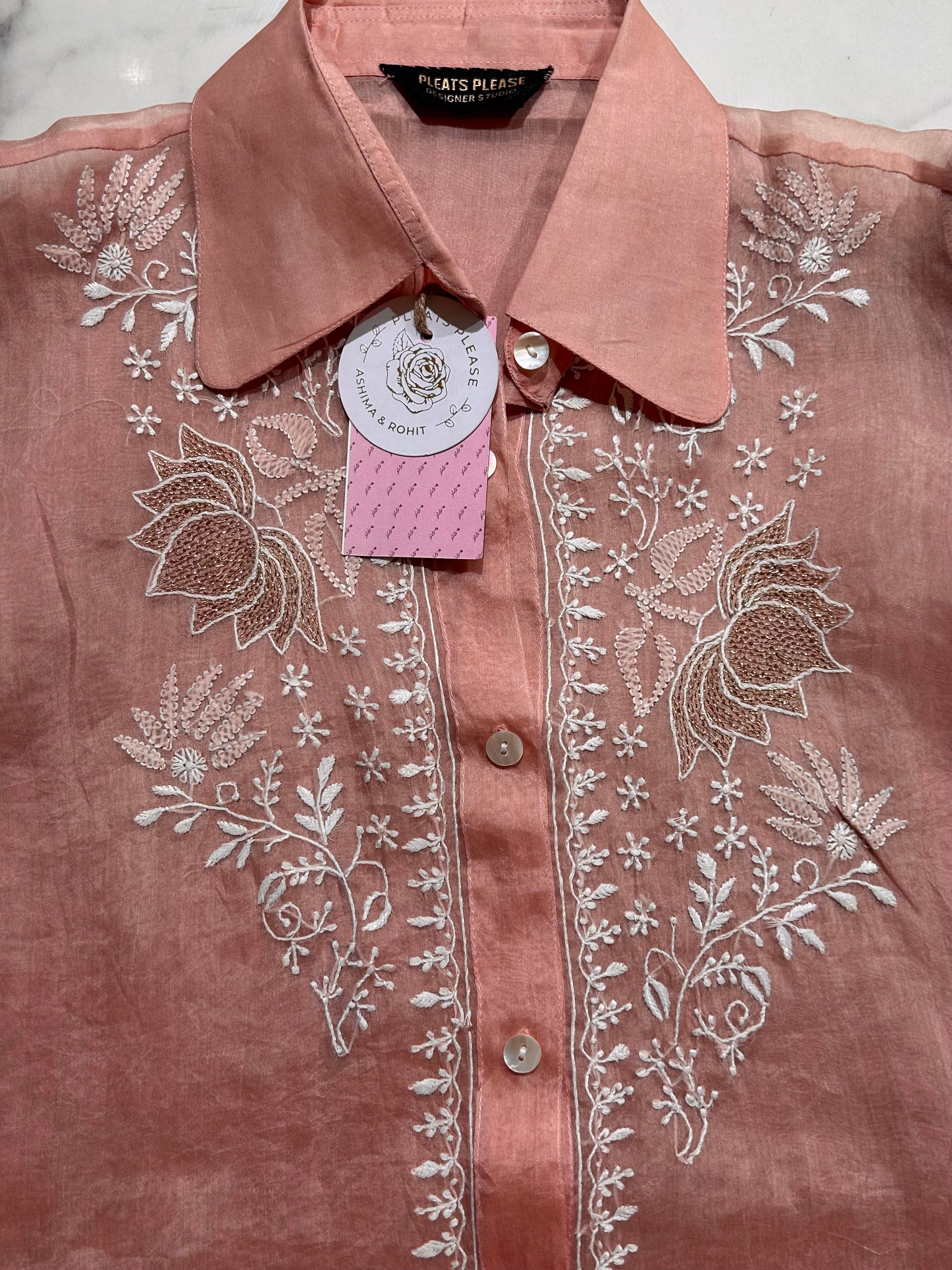 Peach Pure Organza Chikankari Shirt