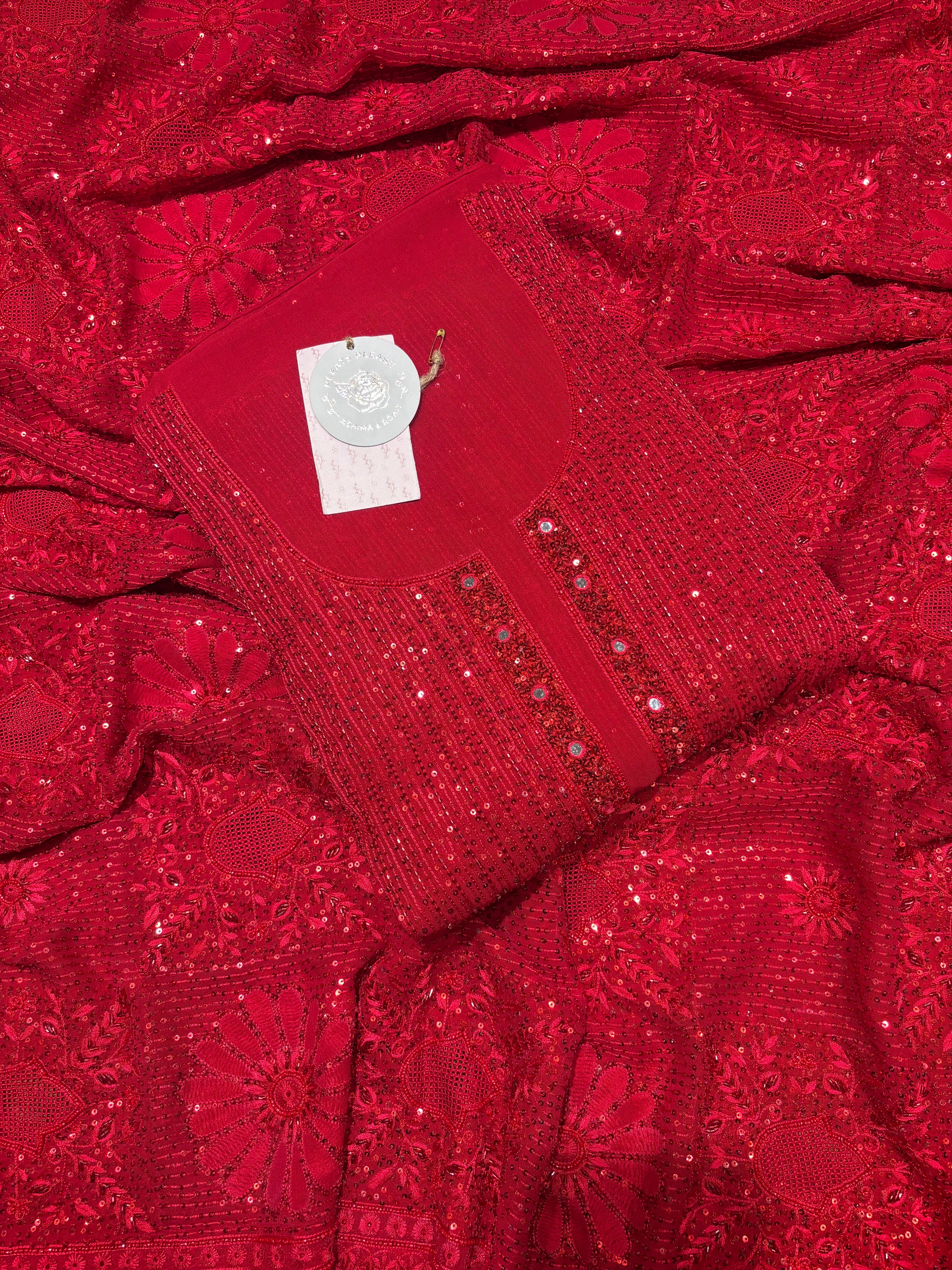 Red Pure & Premium Georgette Chikankari Kurta & Dupatta Set