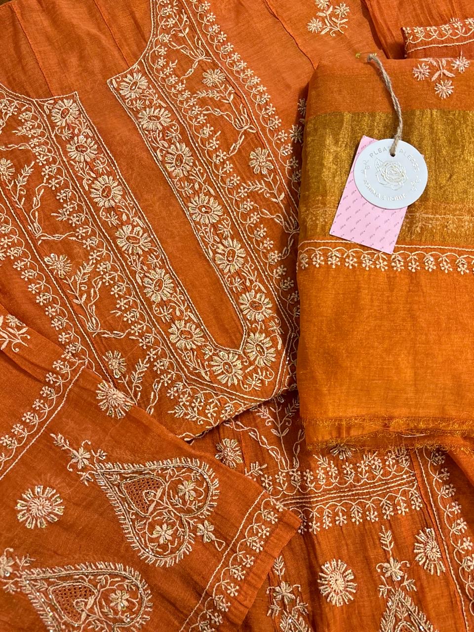 Orange Tissue Chikankari Anarkali kurta Dupatta Set