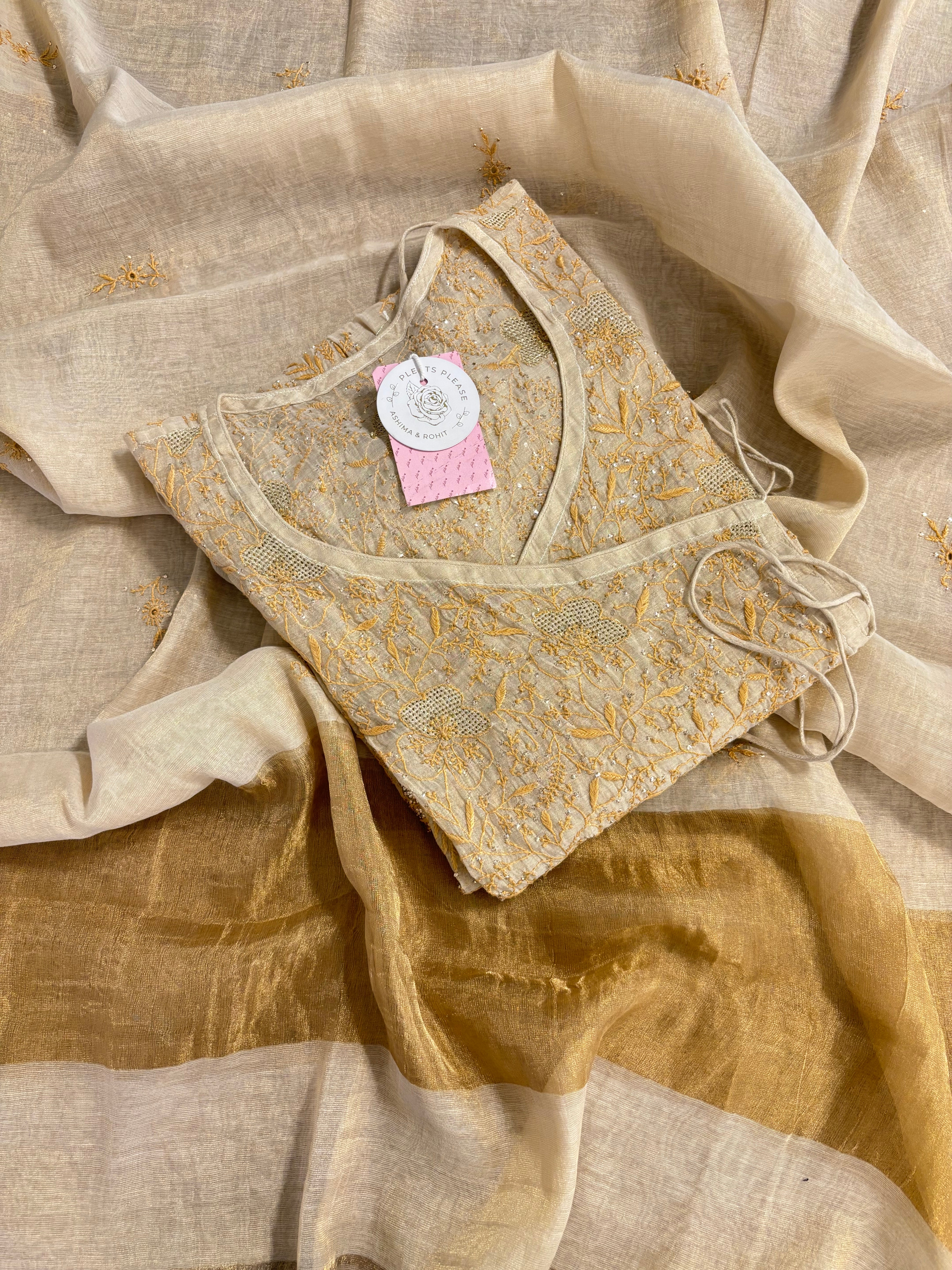 Dyeable Pure & Premium Tissue Mukaish Chikankari Angrakha Kurta & Dupatta