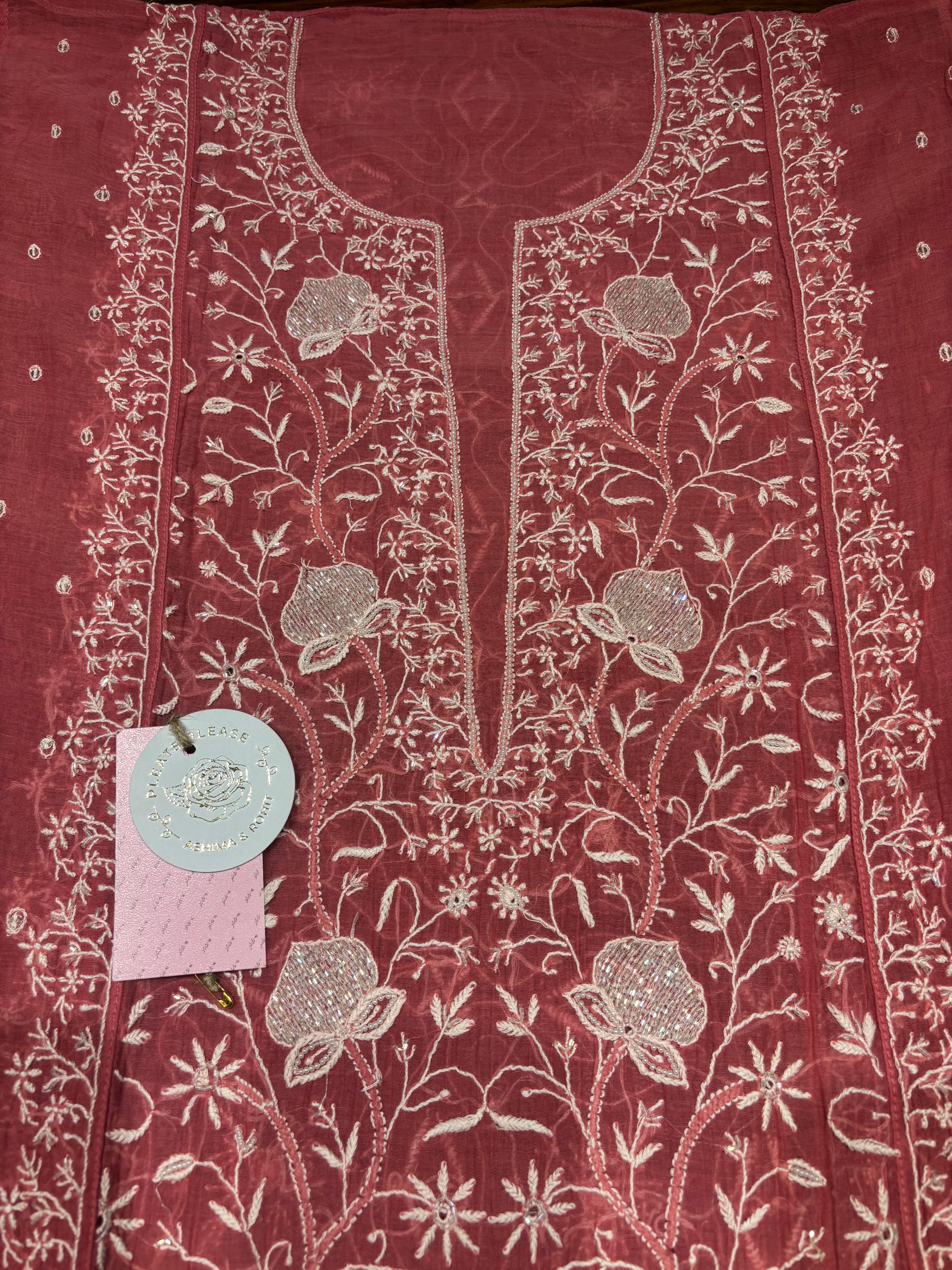 Coral Pink Chanderi Mul Chikankari Kurta & Dupatta Set