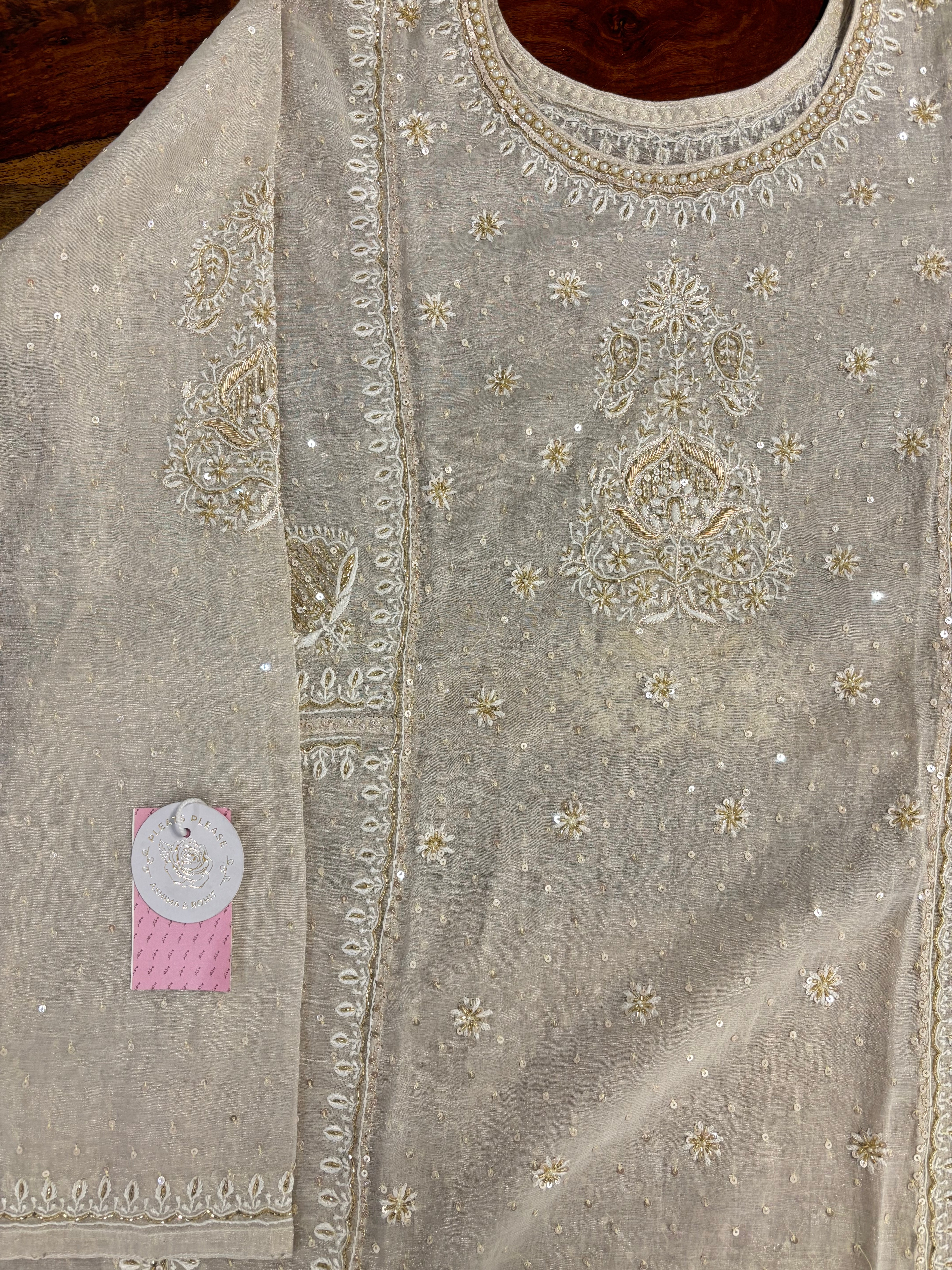 Dyeable Pure Silver Tissue Chikankari Kurta & Dupatta