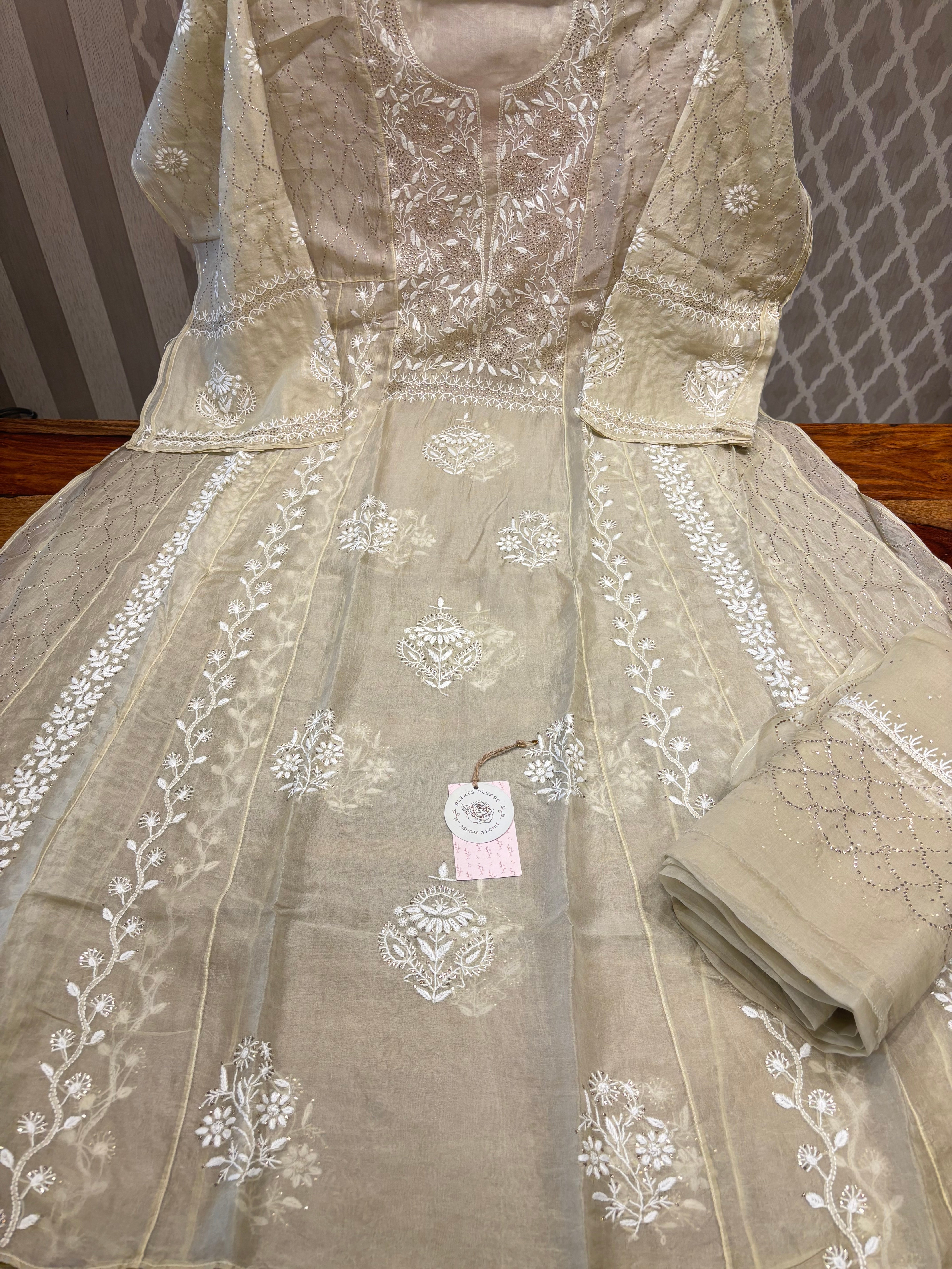 Golden Organza chikankari Anarkali and dupatta
