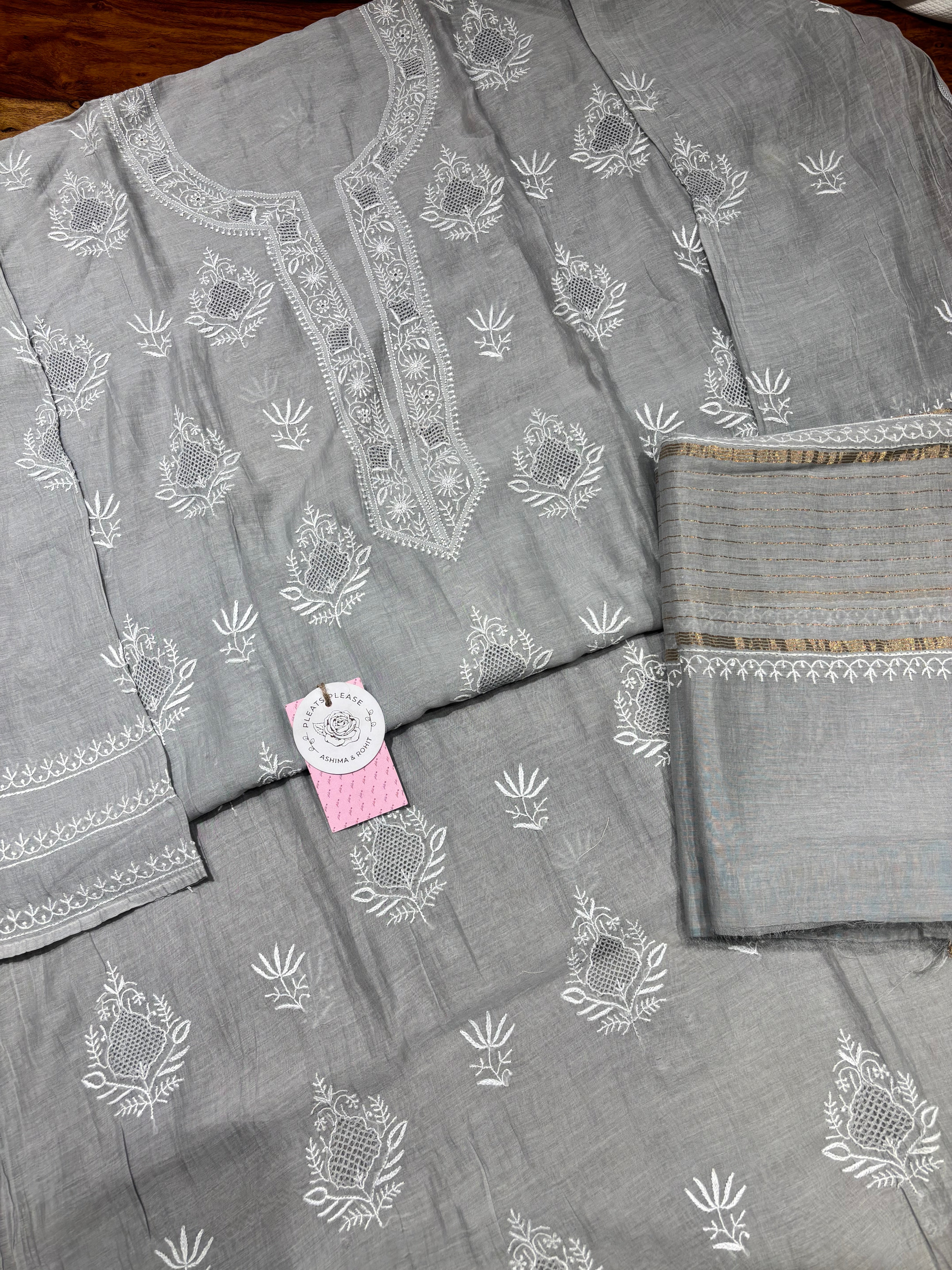 Gray Chanderi Mul Chikankari Kurta & Dupatta Set