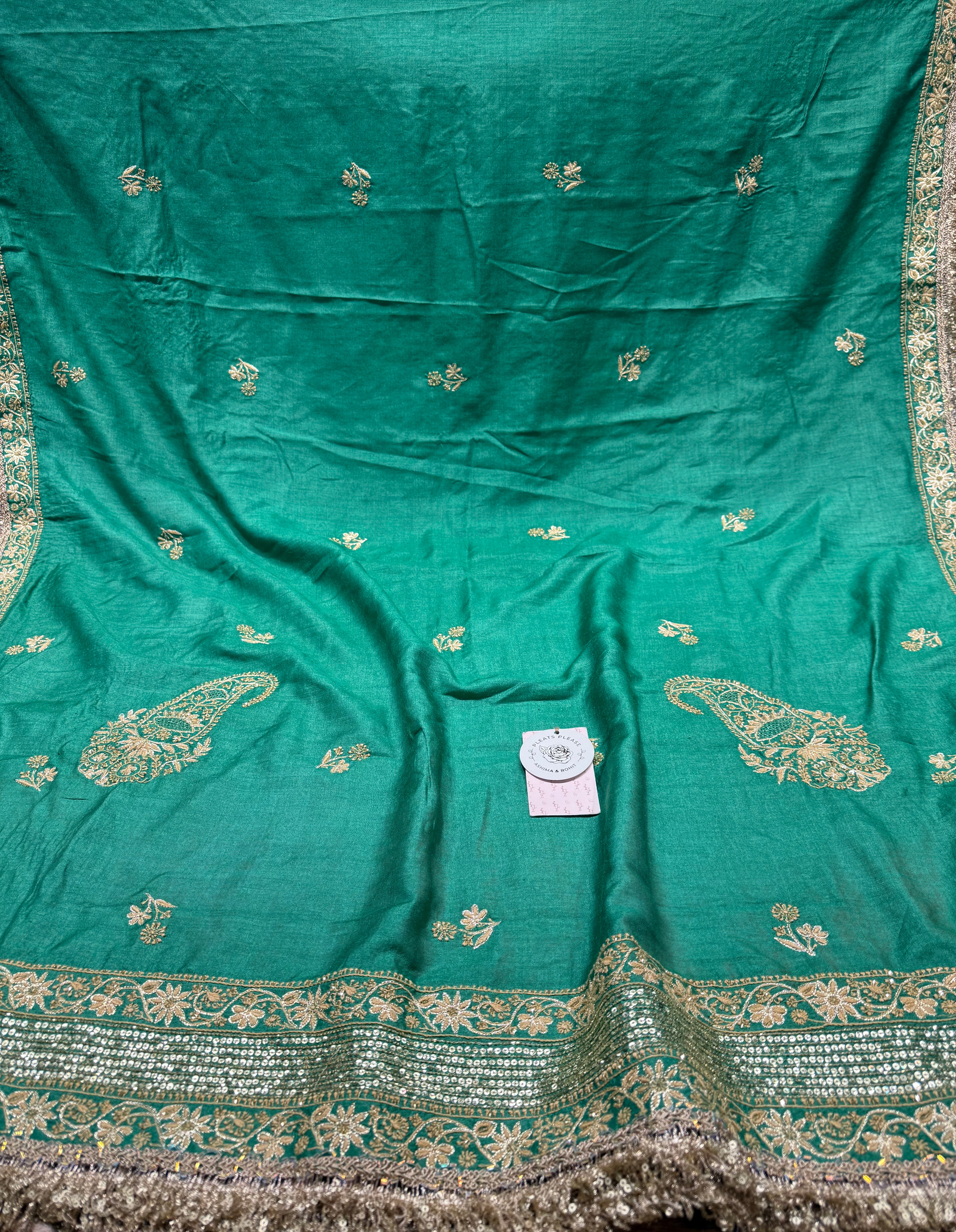 Emerald Green Monga Silk Chikankari A-Line Anarkali & Dupatta Set
