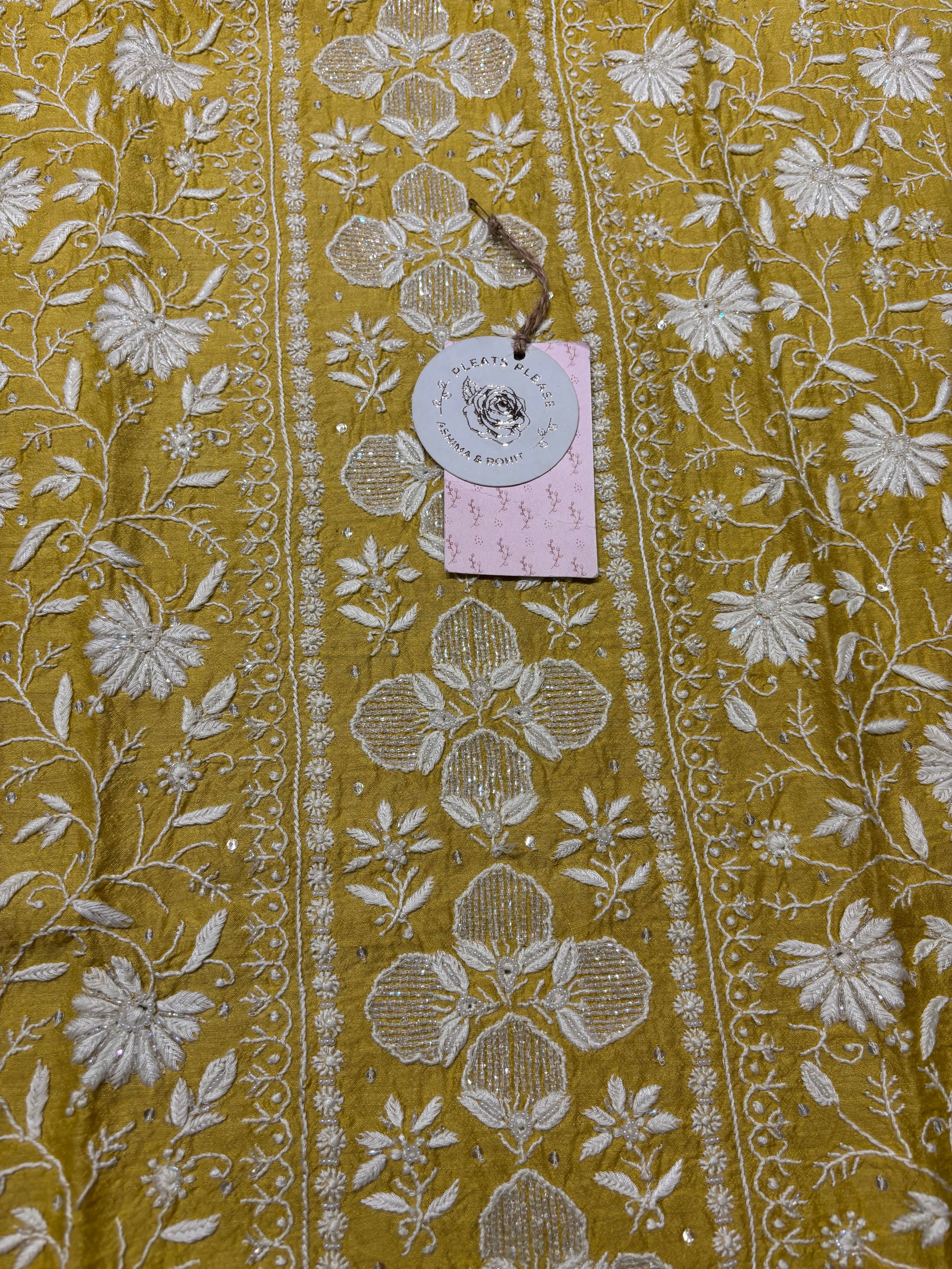Yellow Monga Silk Chikankari Kurta and Dupatta set