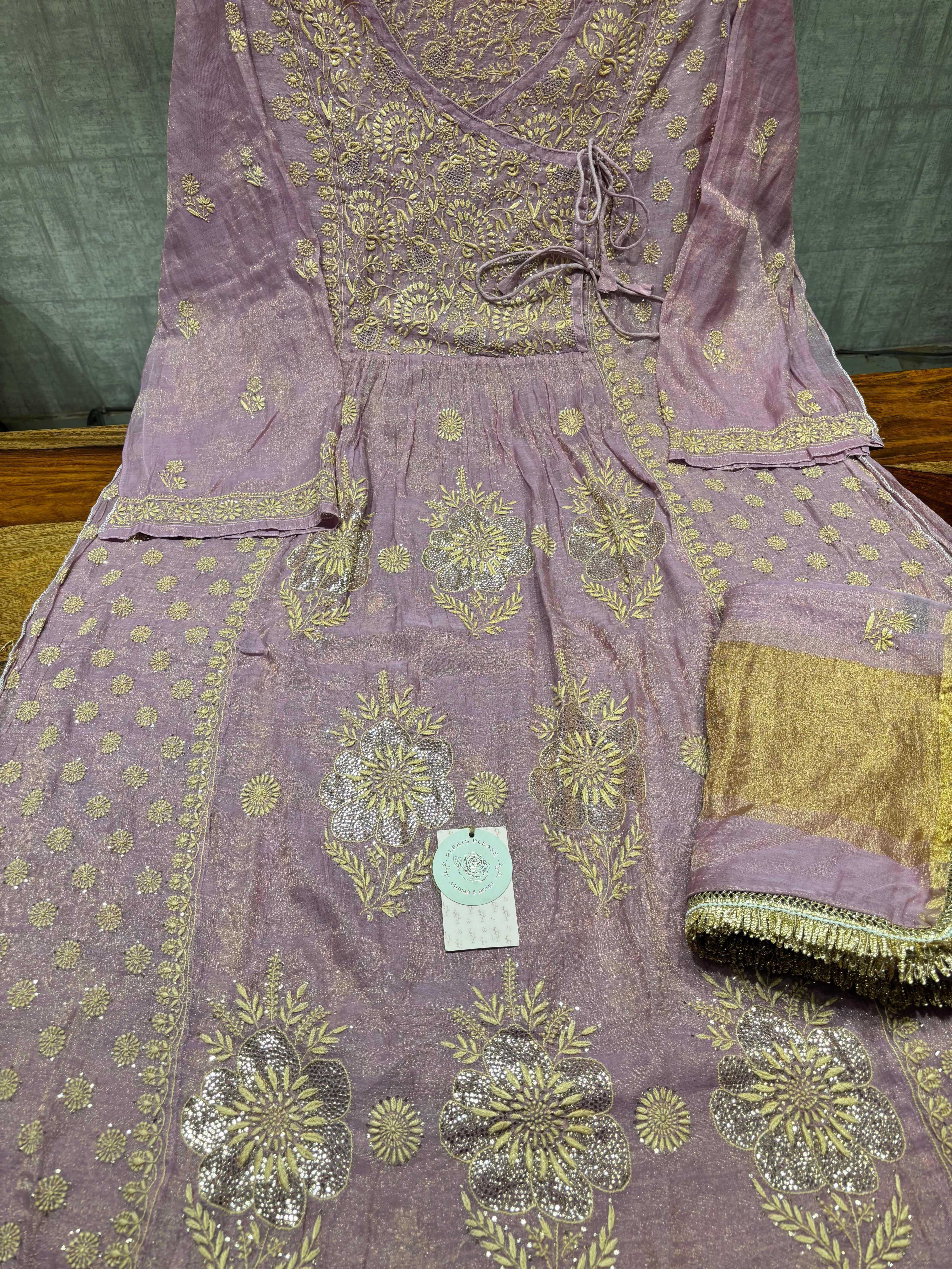 Lilac pure and premium Tissue Chikankari Angrakha Kurta and Dupatta Set
