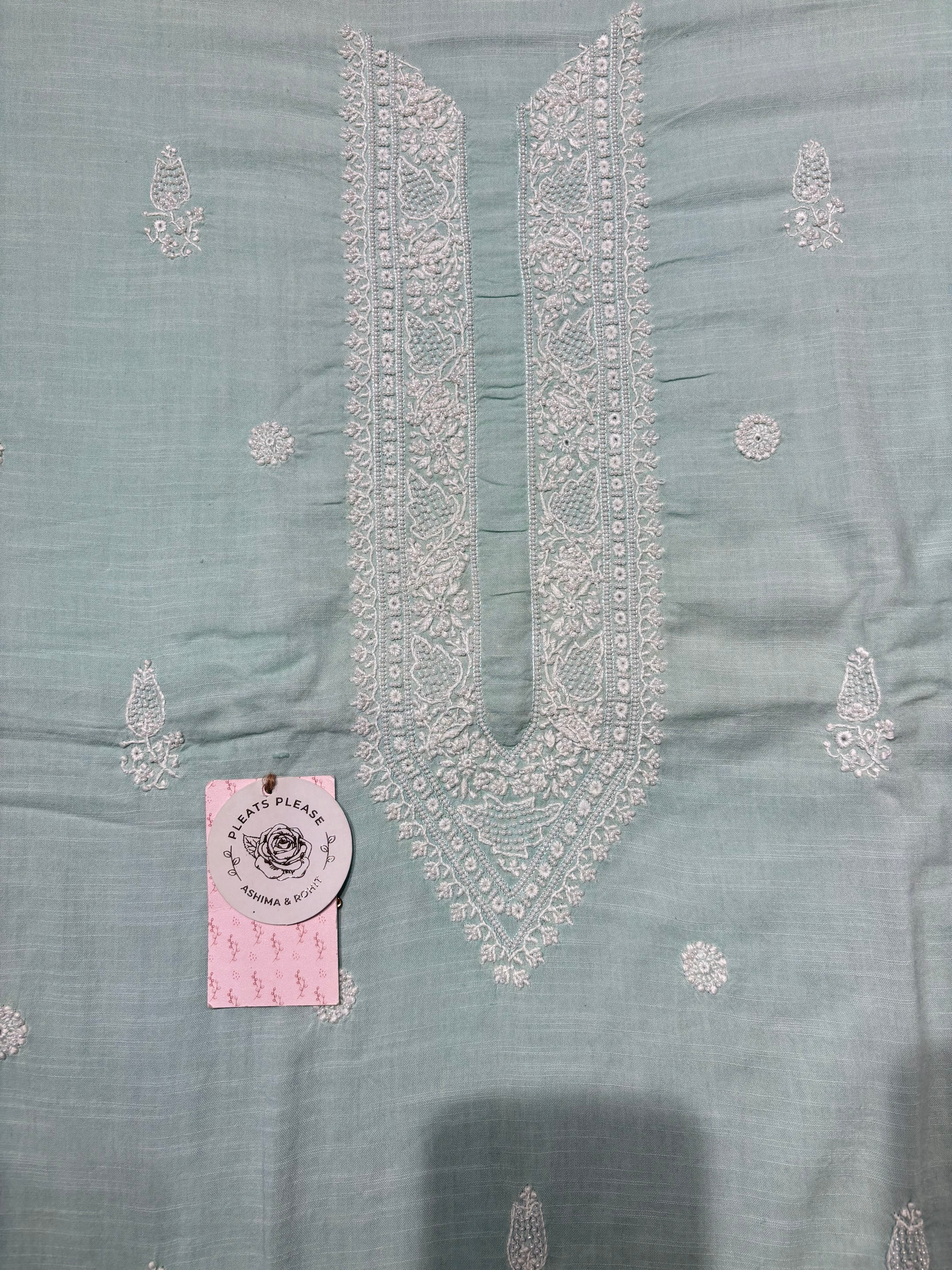 Cadet Blue Linen Chikankari Men's Kurta Fabric