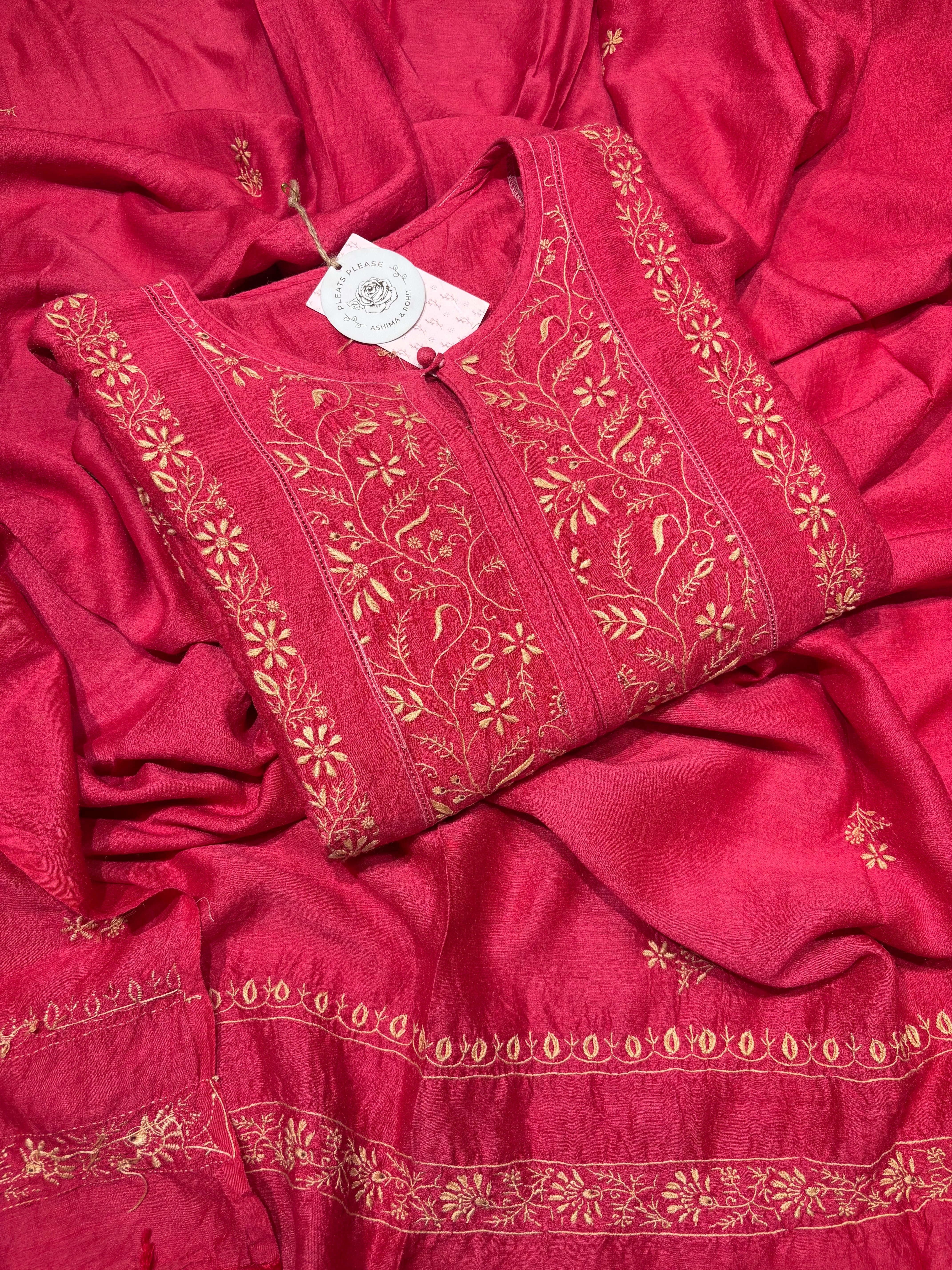 Red Monga Silk Chikankari Kalidar Kurta and Dupatta set
