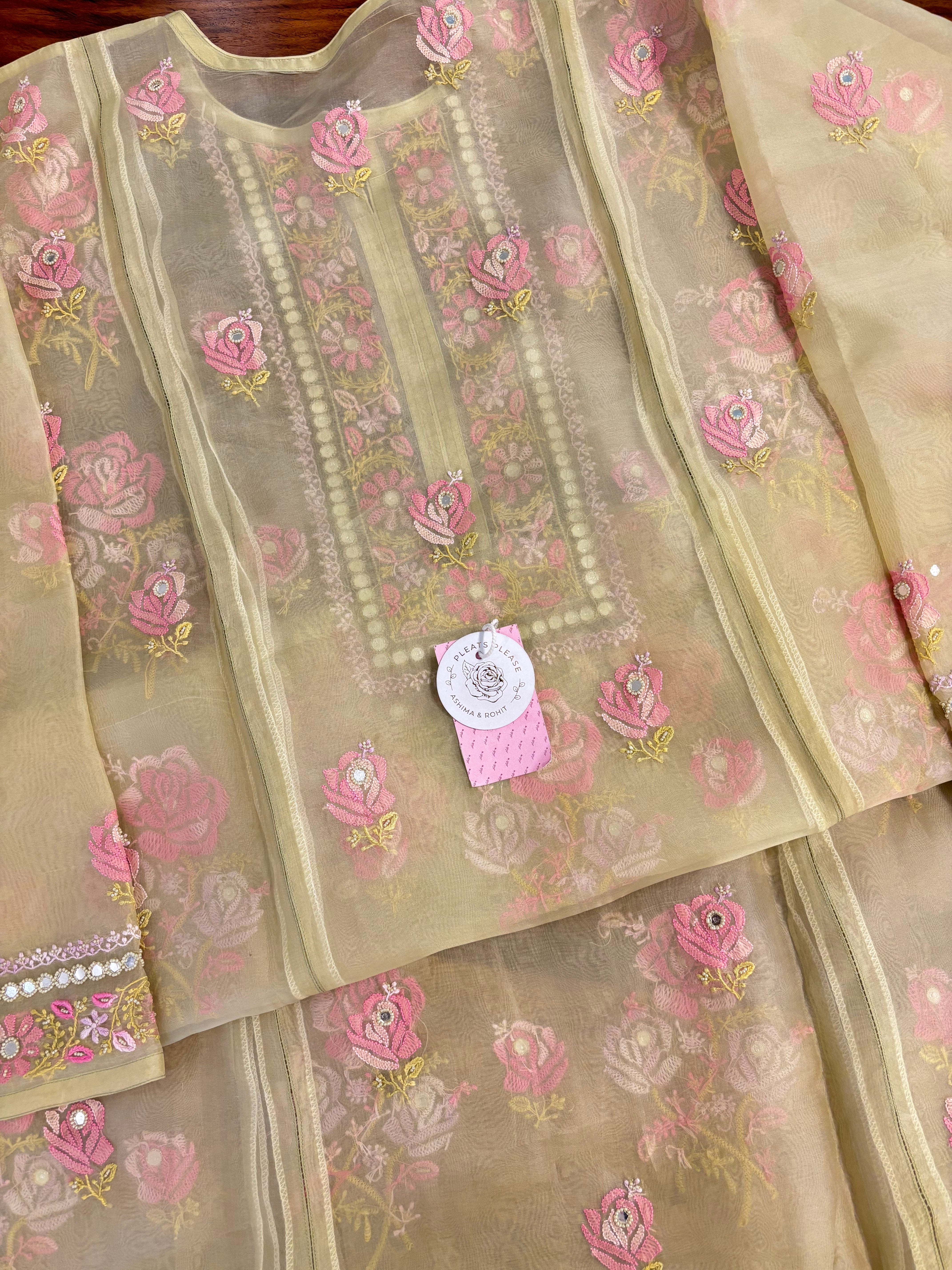 Champagne Gold Pure Organza Silk Chikankari Kurta & Dupatta