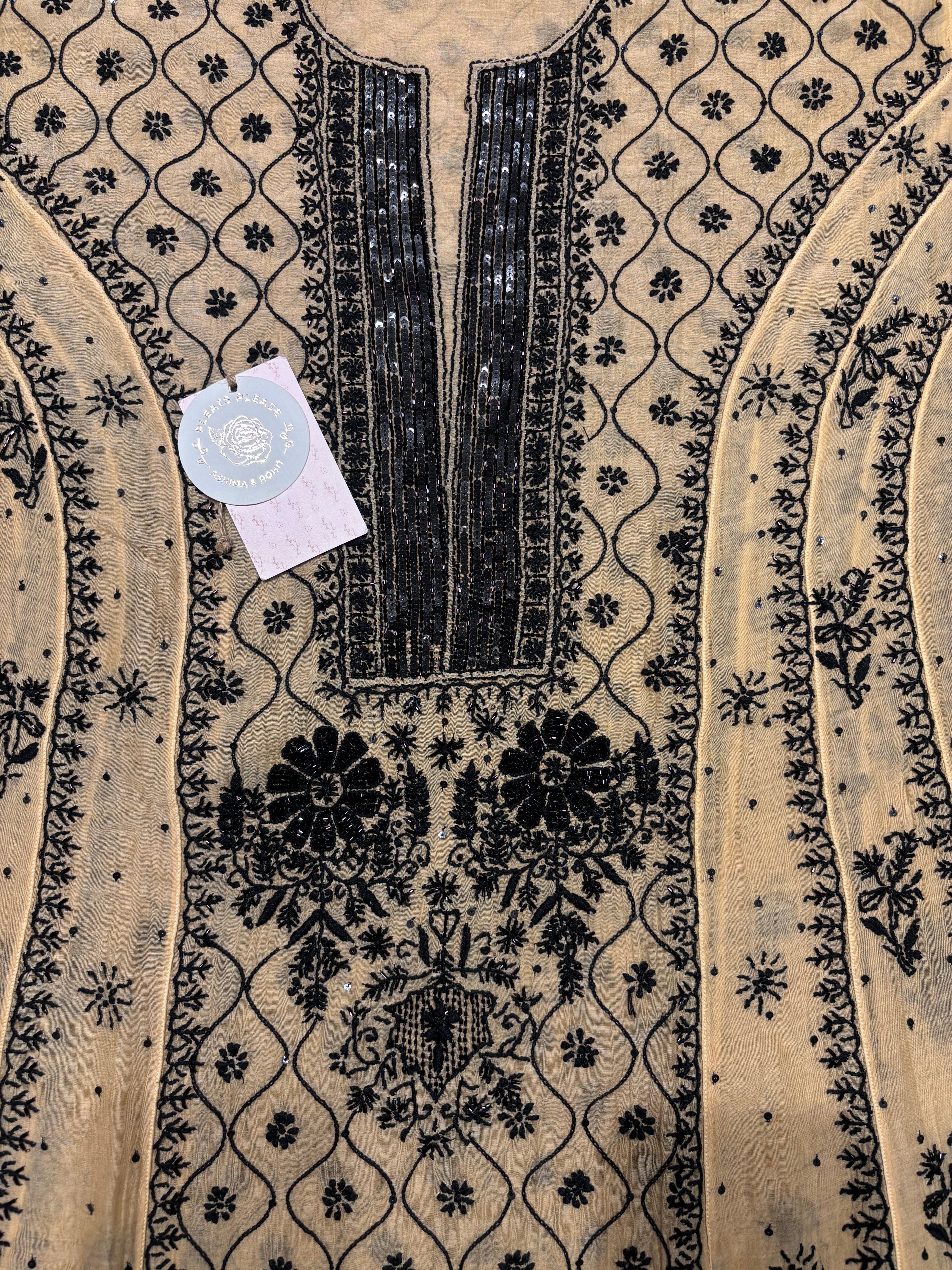 Golden Chanderi Mul Chikankari Anarkali and Dupatta Set