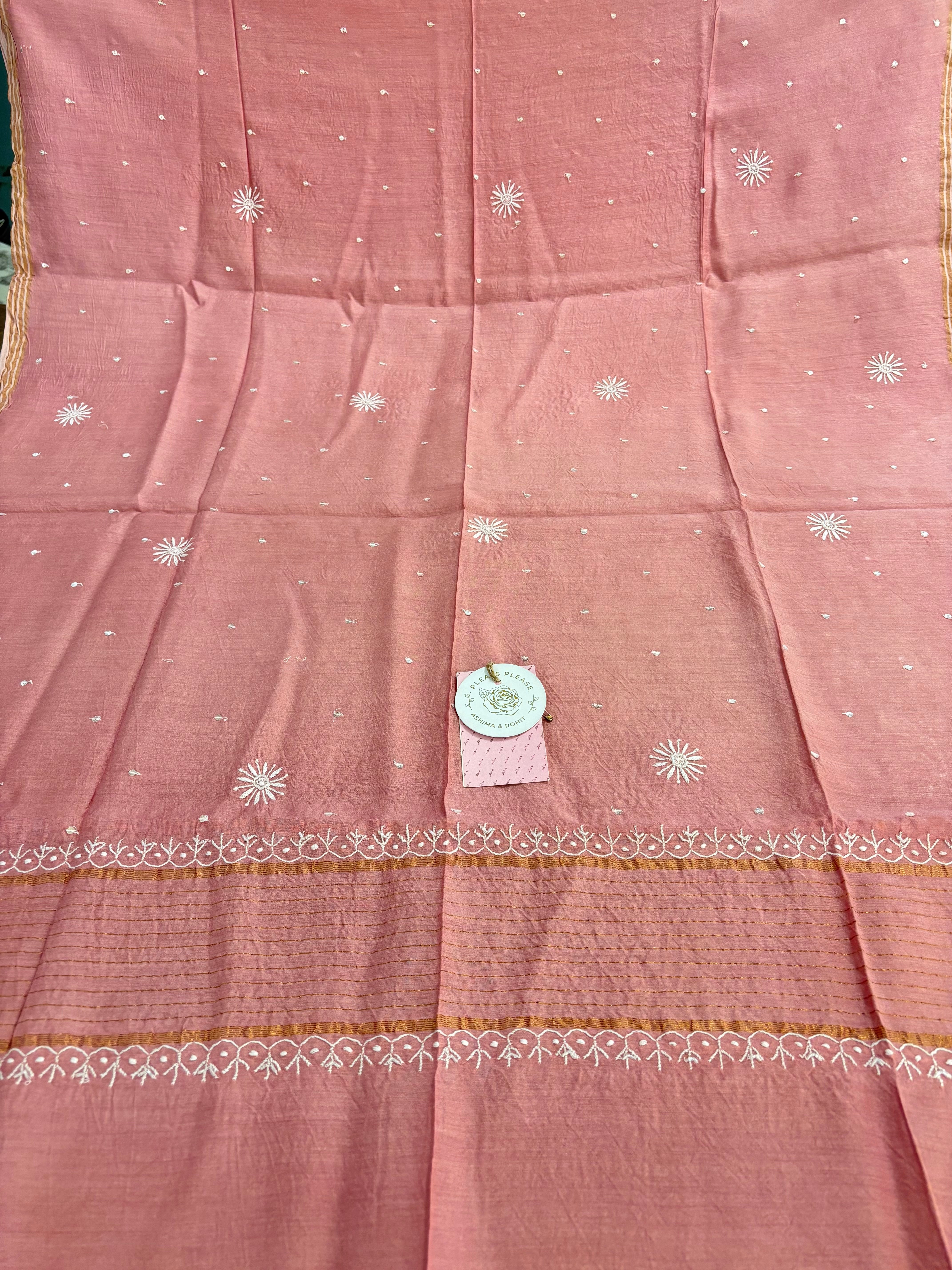 Peach Monga Silk Chikankari Anarkali & Dupatta Set