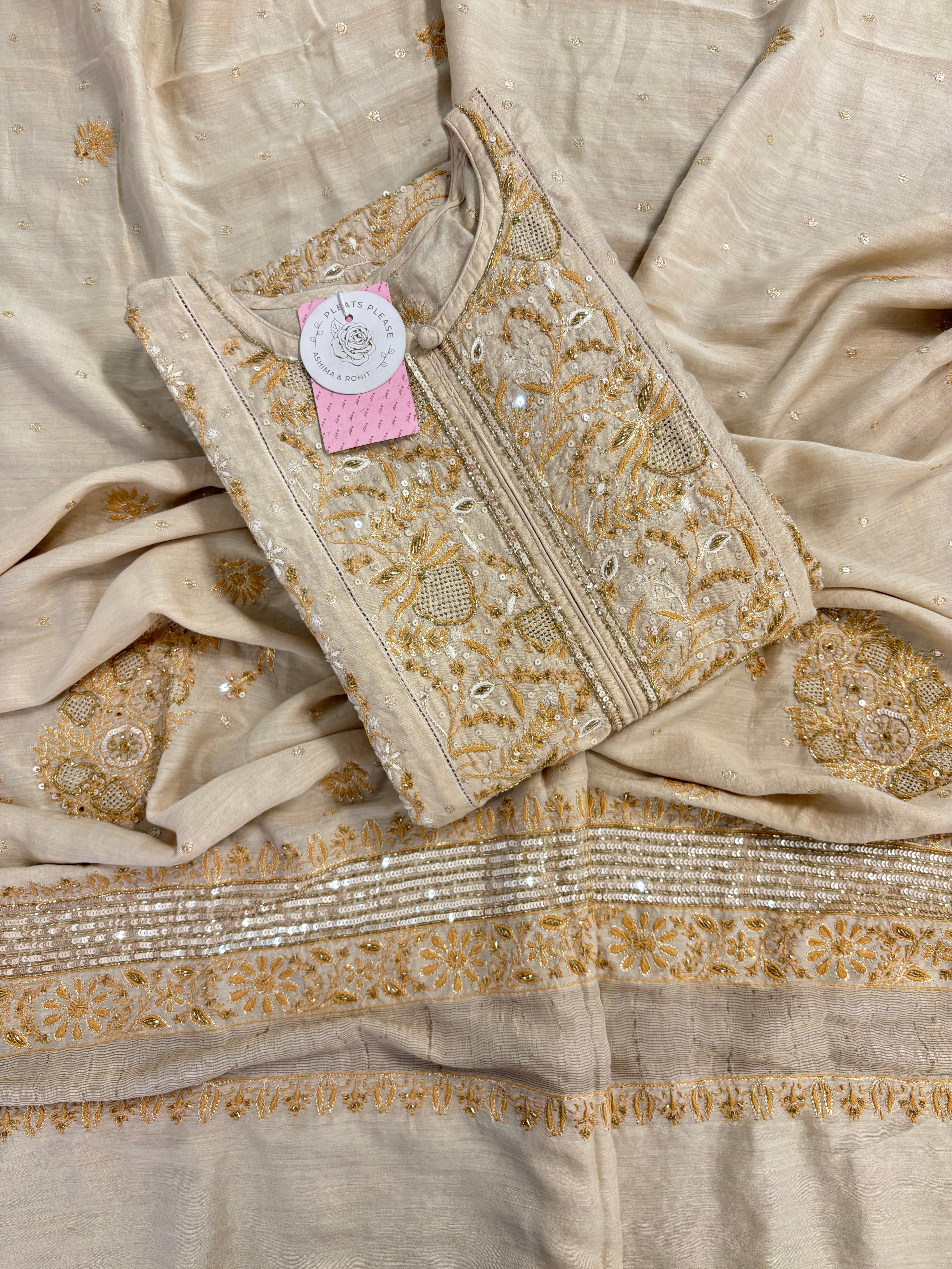 Dyeable Natural Monga Silk Chikankari A-line Kurta & Dupatta