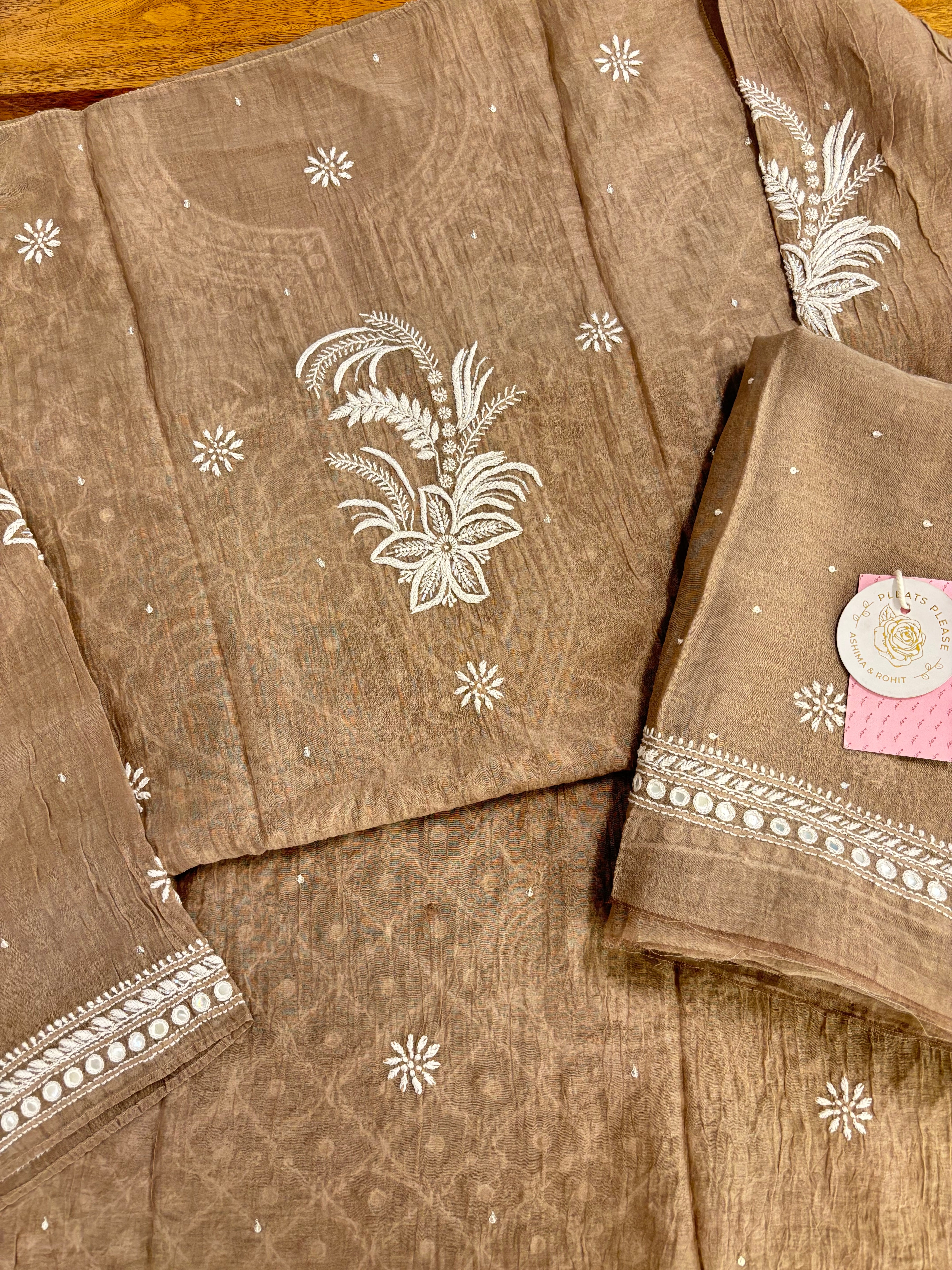 Camel Brown Chanderi Mul Mirror Chikankari Kurta & Dupatta